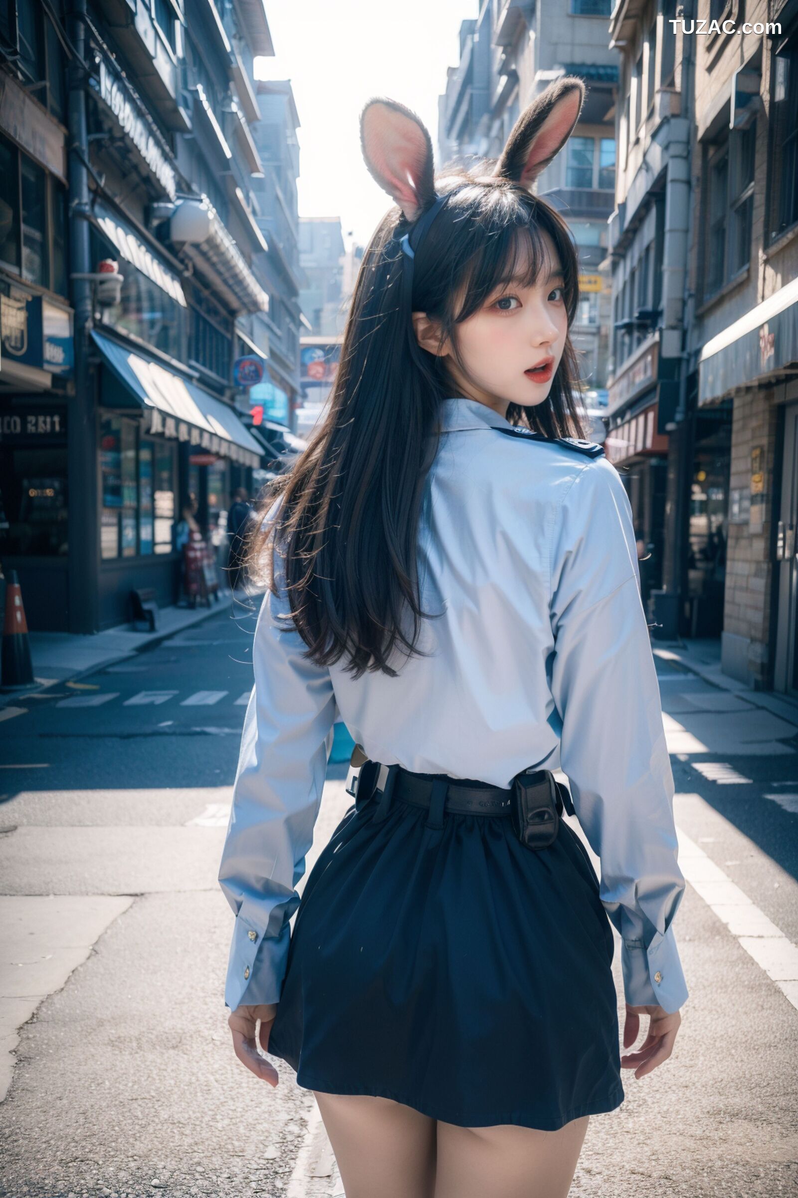 AI美女-拟实-兔耳女警街拍-纯净版