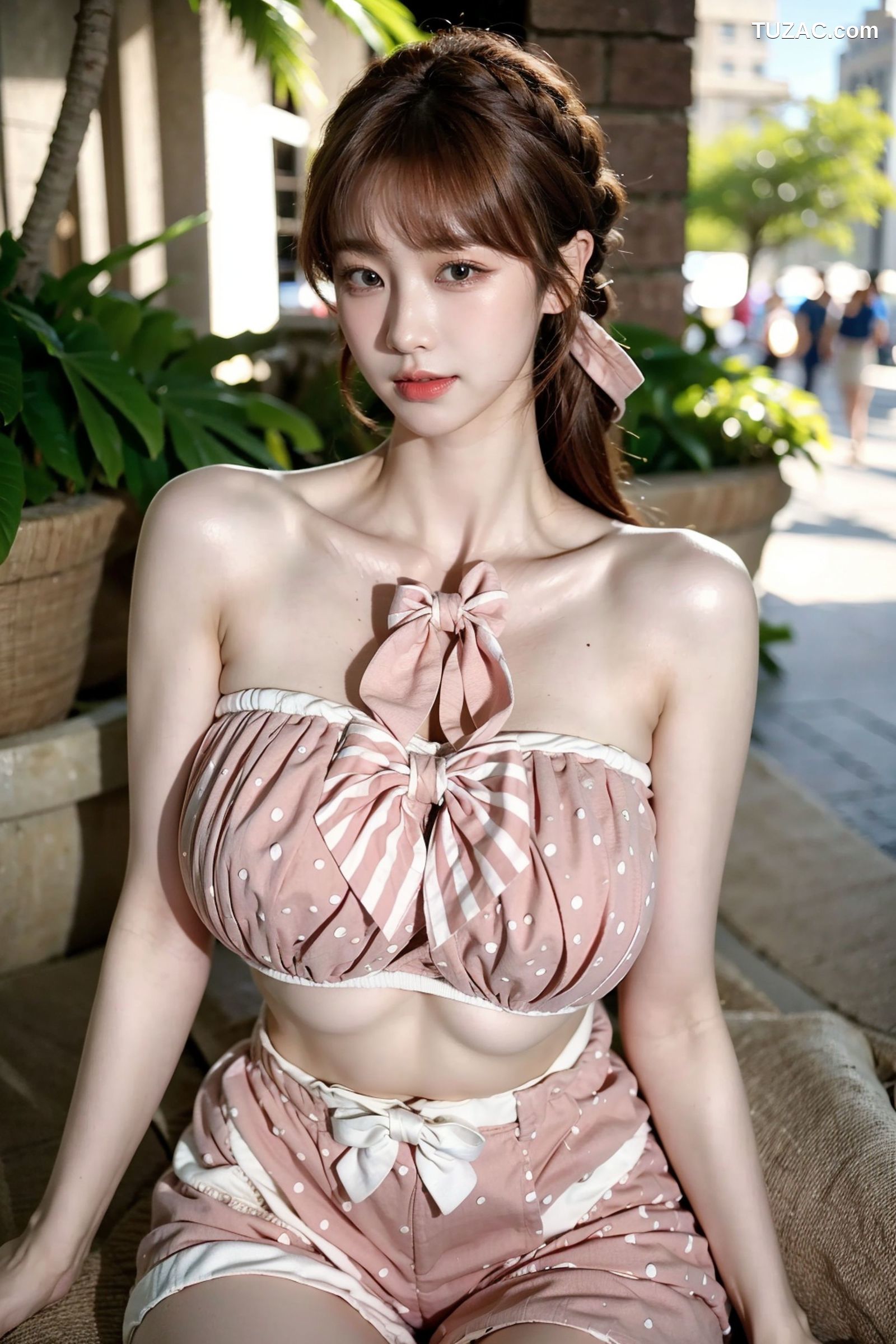 AI美女-拟实-可爱粉色吊带短裤户外
