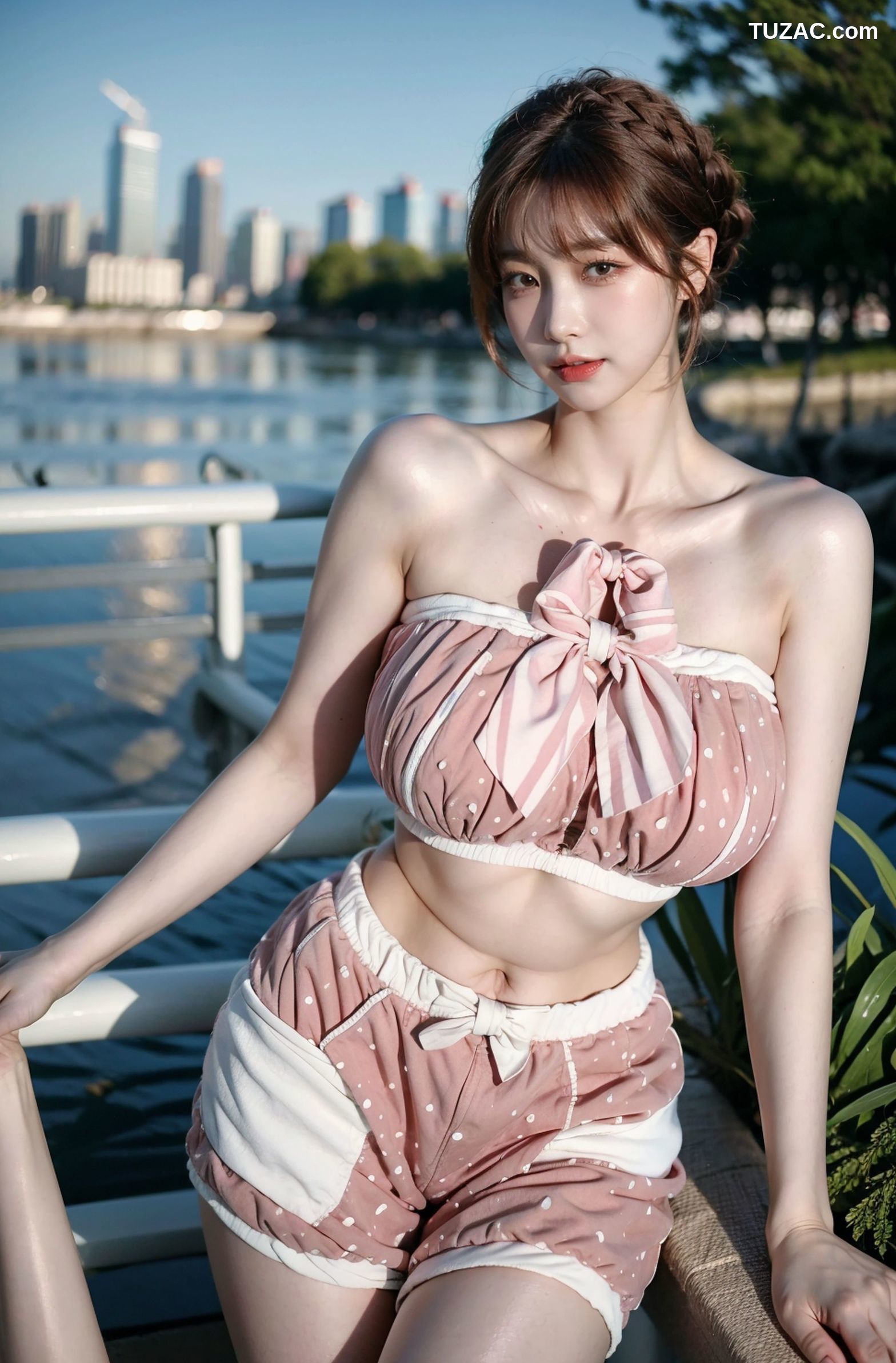 AI美女-拟实-可爱粉色吊带短裤户外