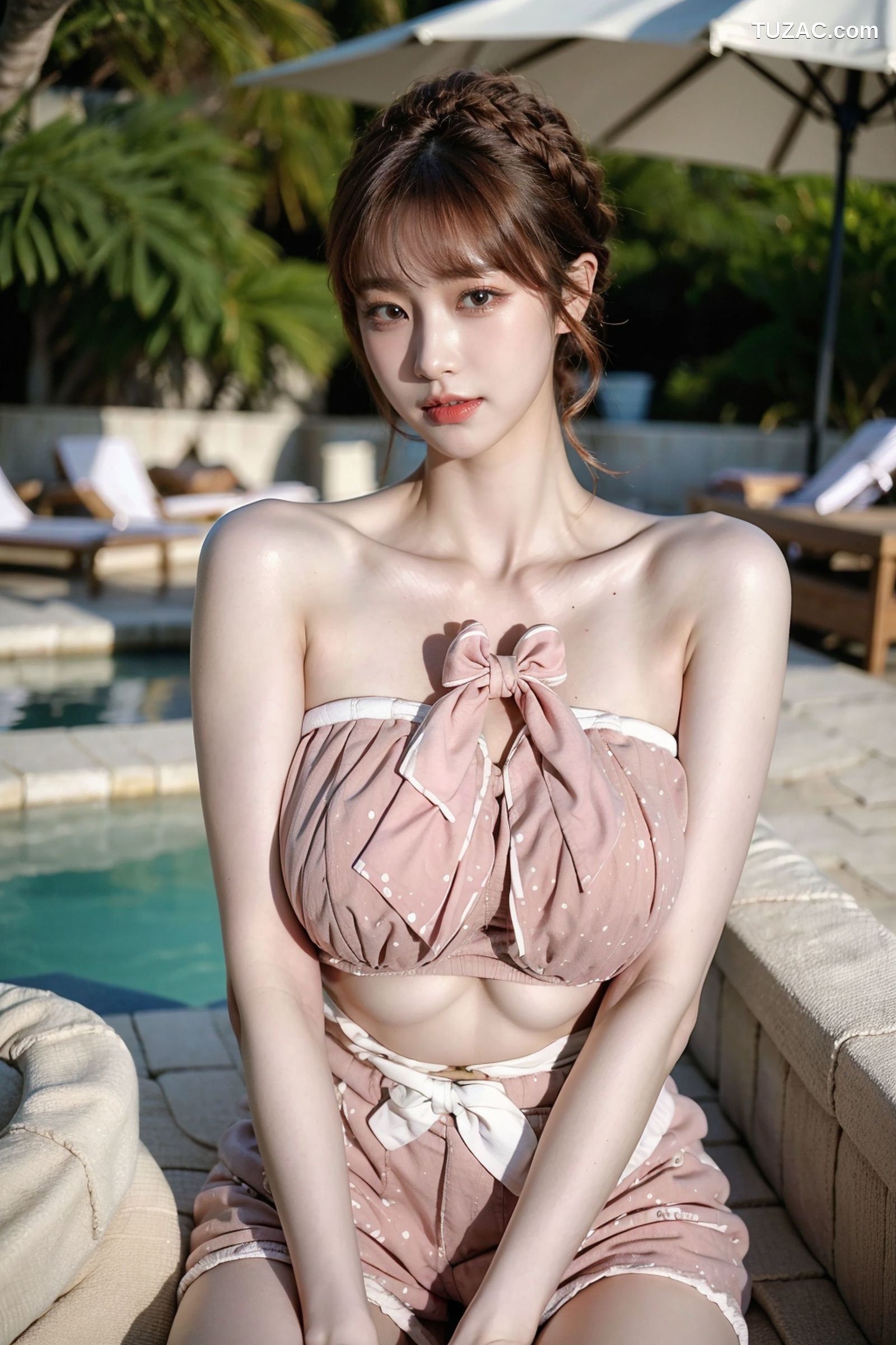 AI美女-拟实-可爱粉色吊带短裤户外