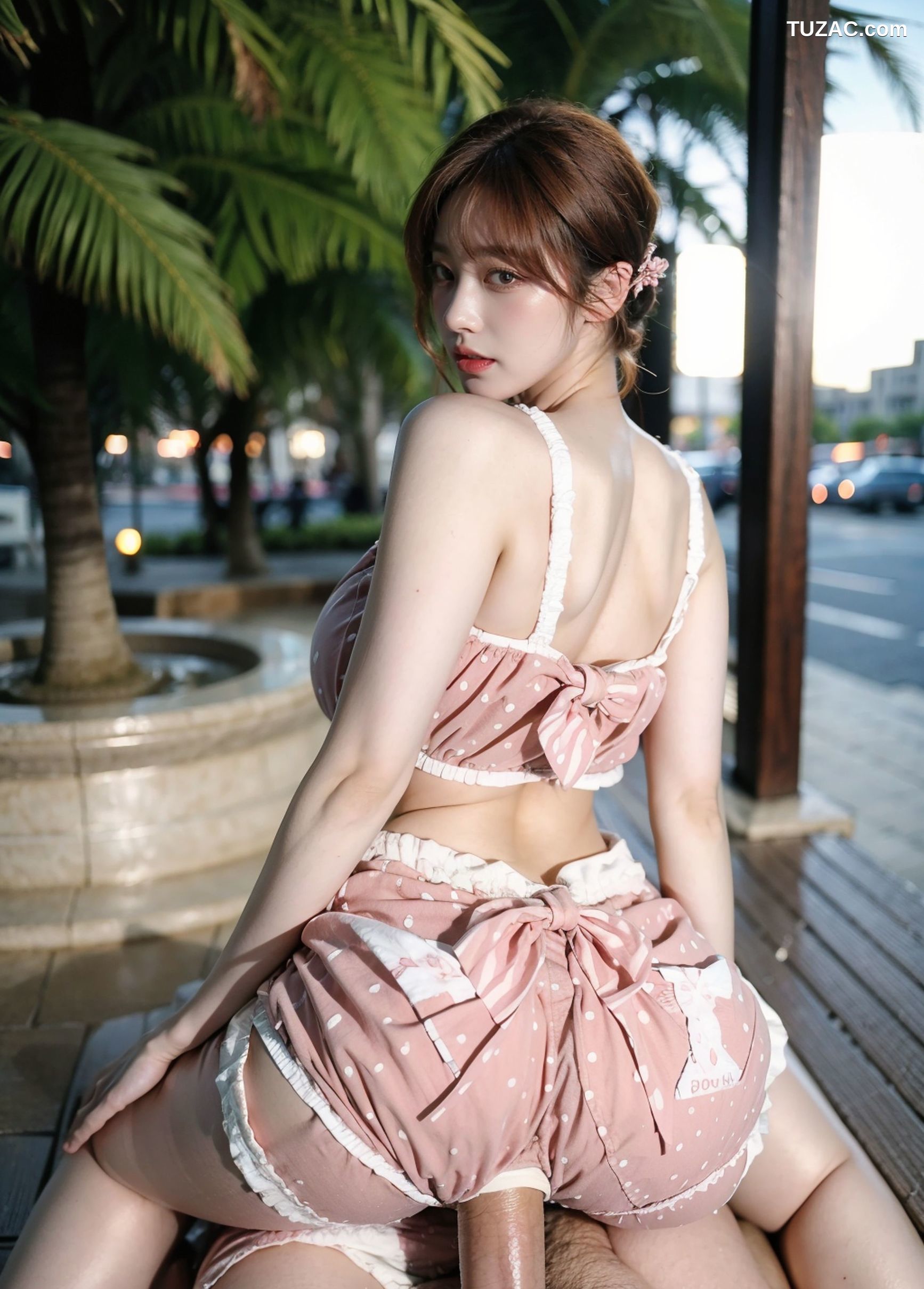AI美女-拟实-可爱粉色吊带短裤户外