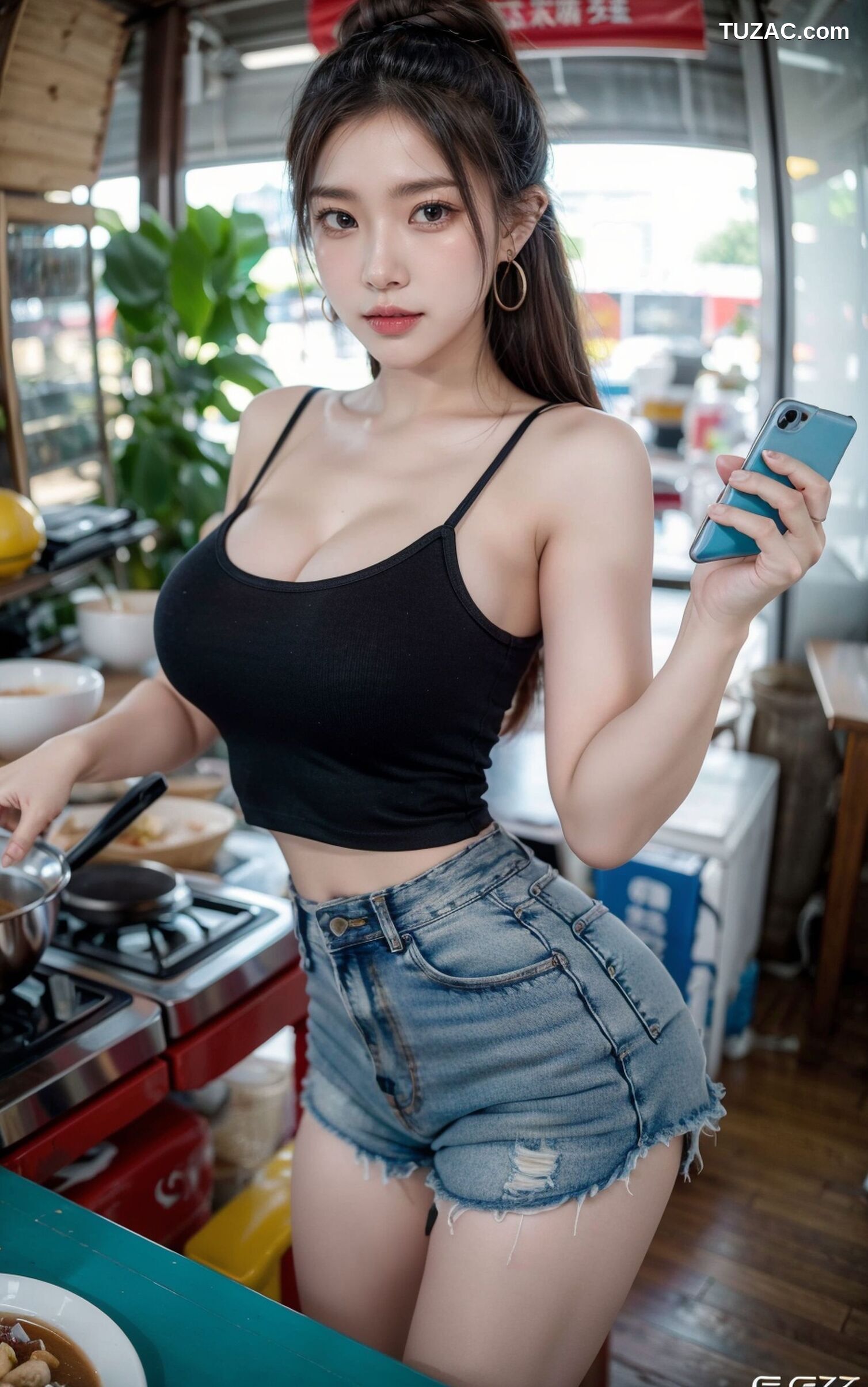 AI美女-拟实-吊带牛仔短裤厨娘