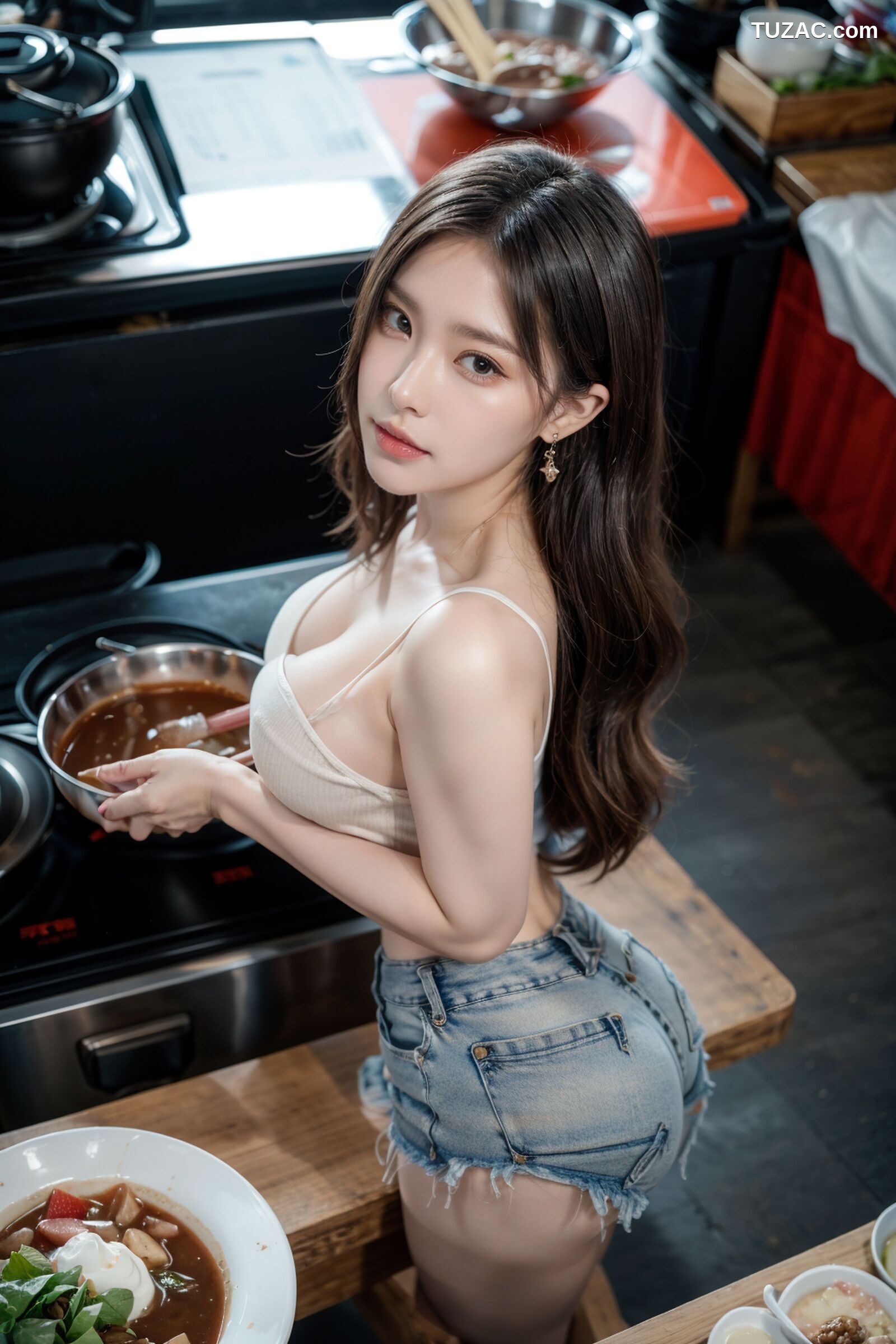 AI美女-拟实-吊带牛仔短裤厨娘