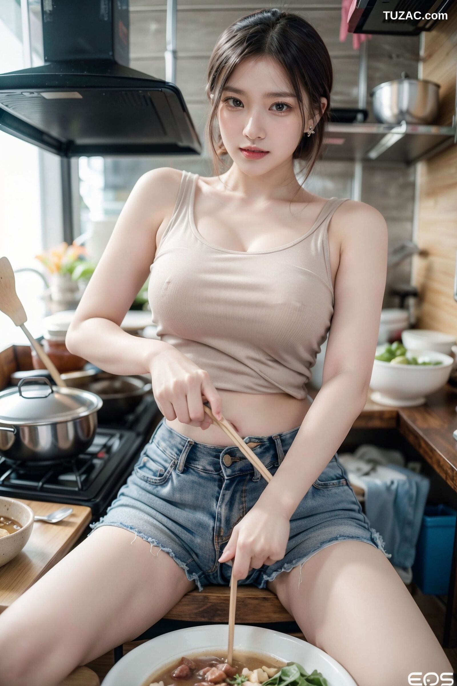 AI美女-拟实-吊带牛仔短裤厨娘