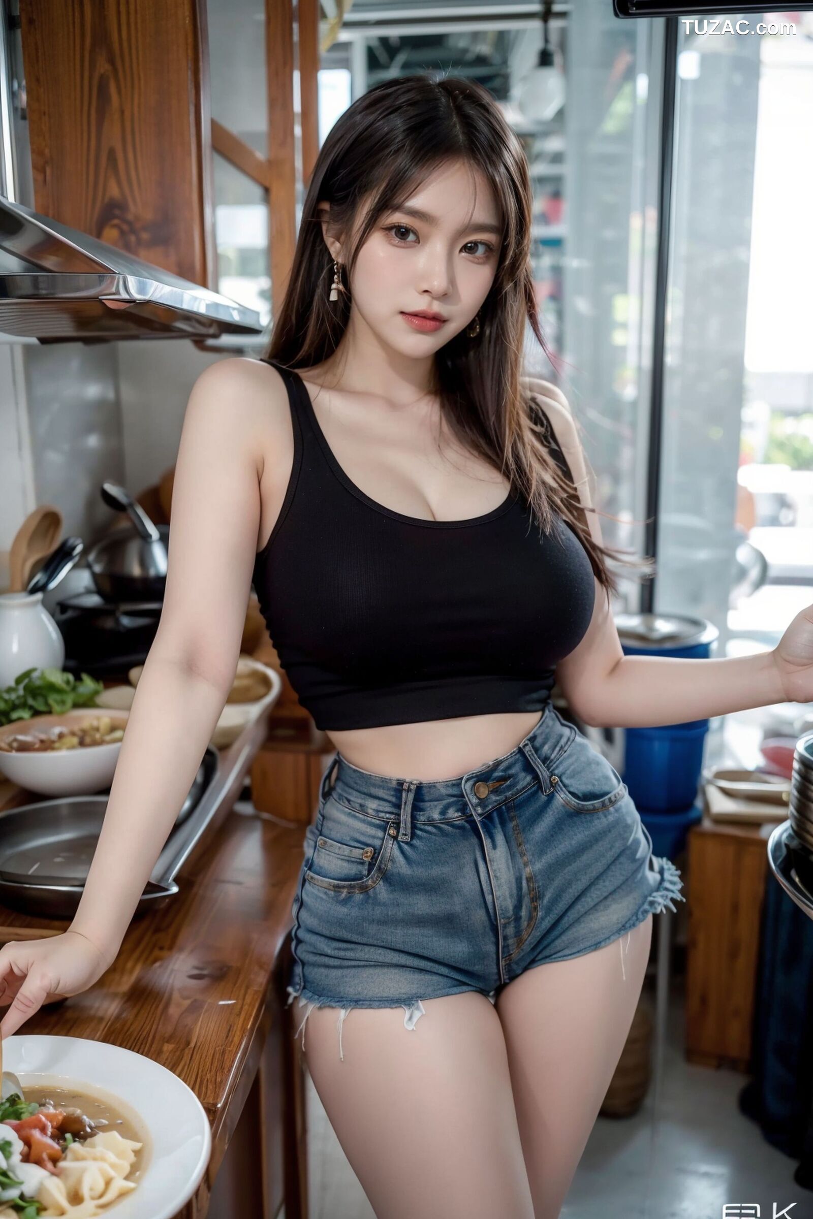AI美女-拟实-吊带牛仔短裤厨娘