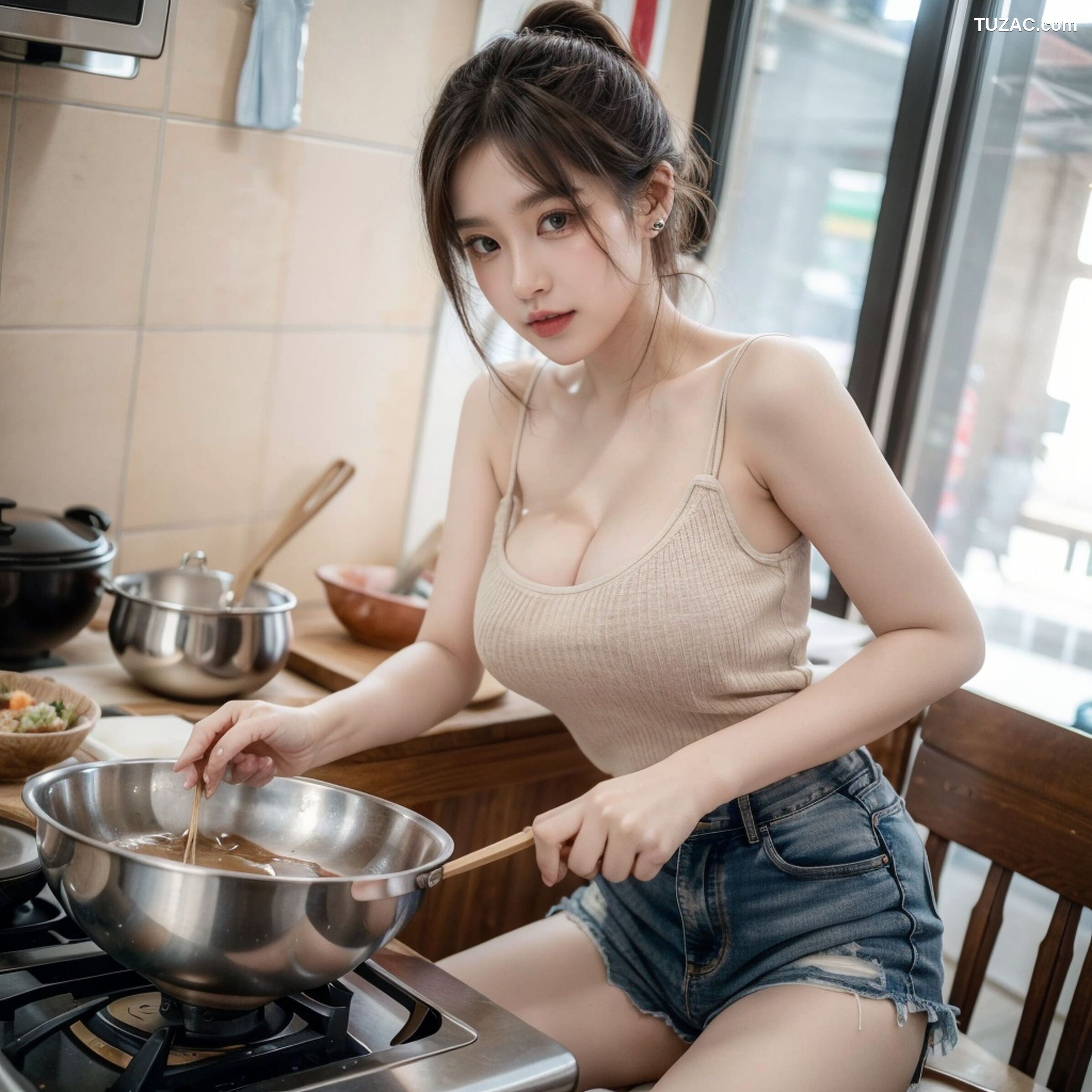 AI美女-拟实-吊带牛仔短裤厨娘