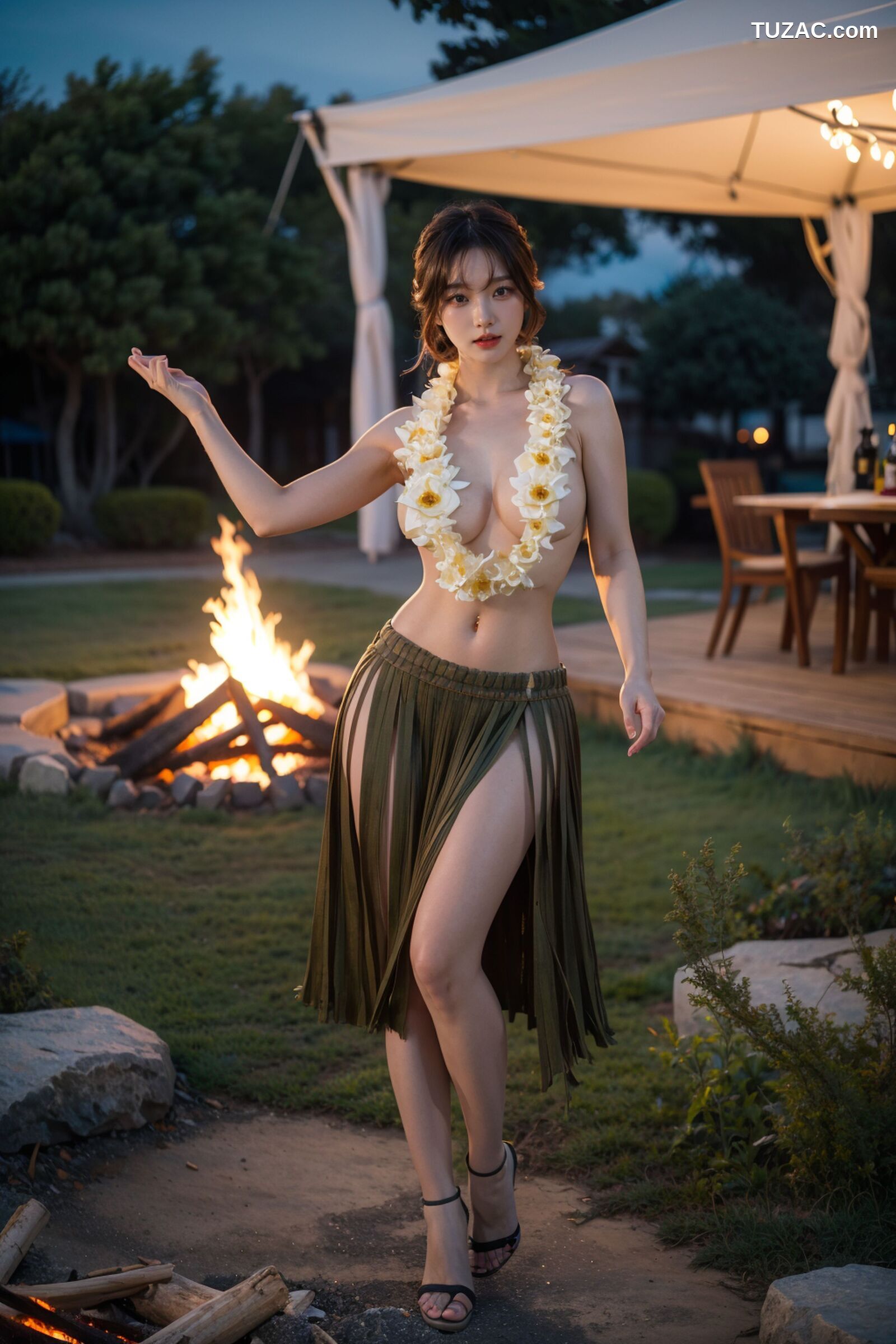 AI美女-拟实-夏威夷草裙花环少女篝火夜