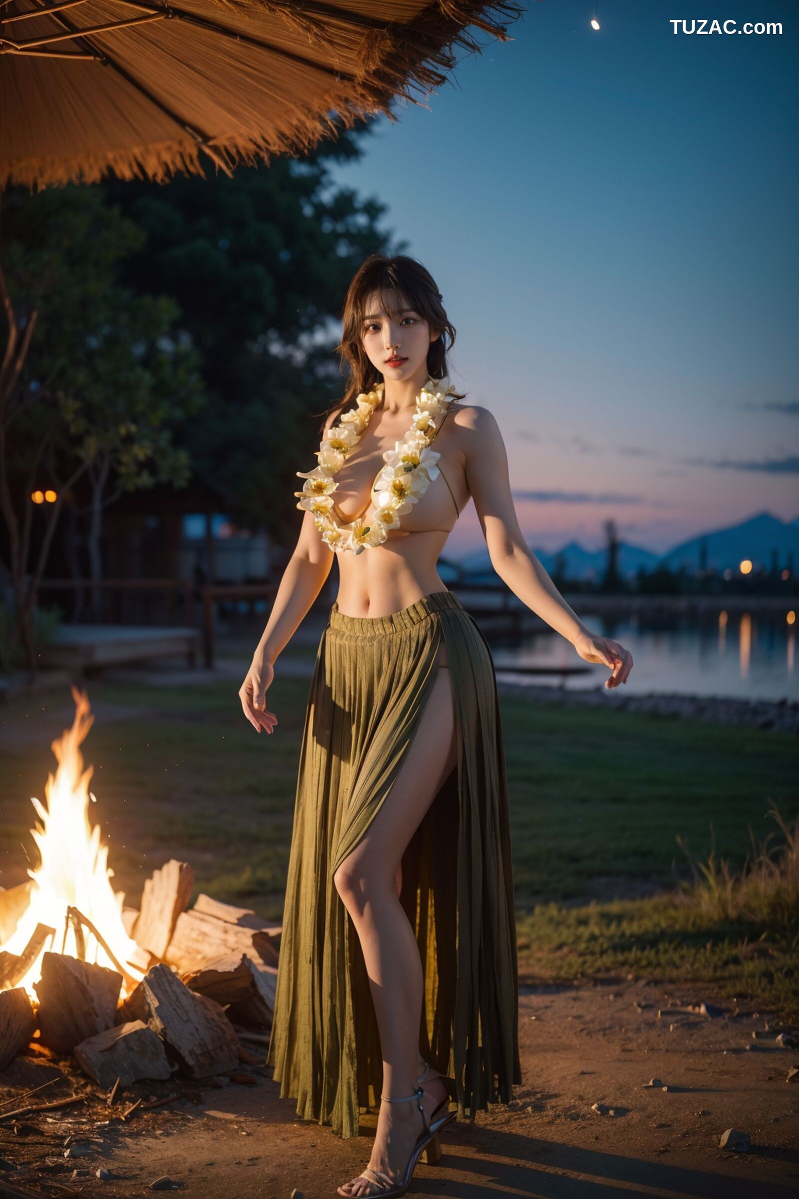 AI美女-拟实-夏威夷草裙花环少女篝火夜