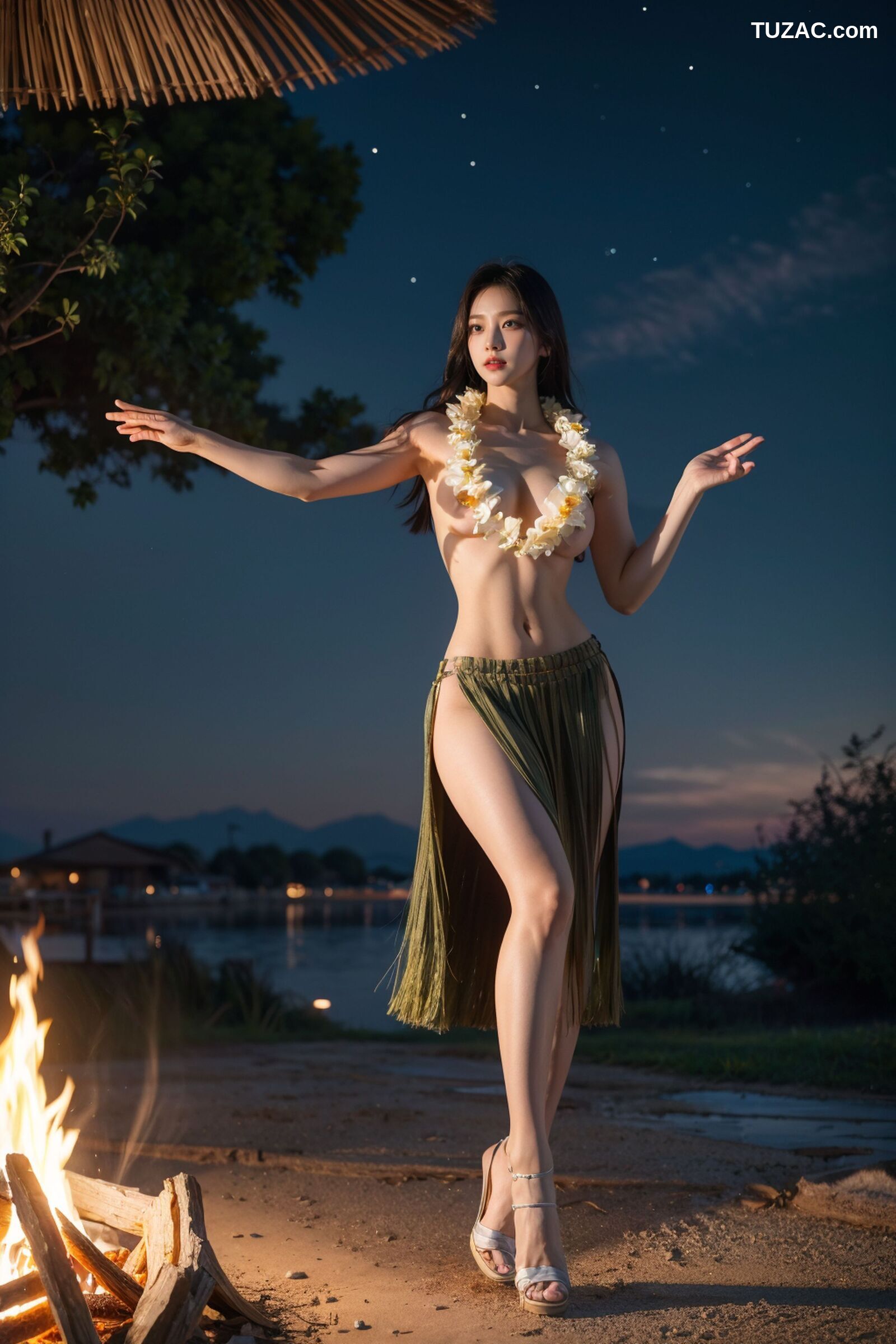 AI美女-拟实-夏威夷草裙花环少女篝火夜
