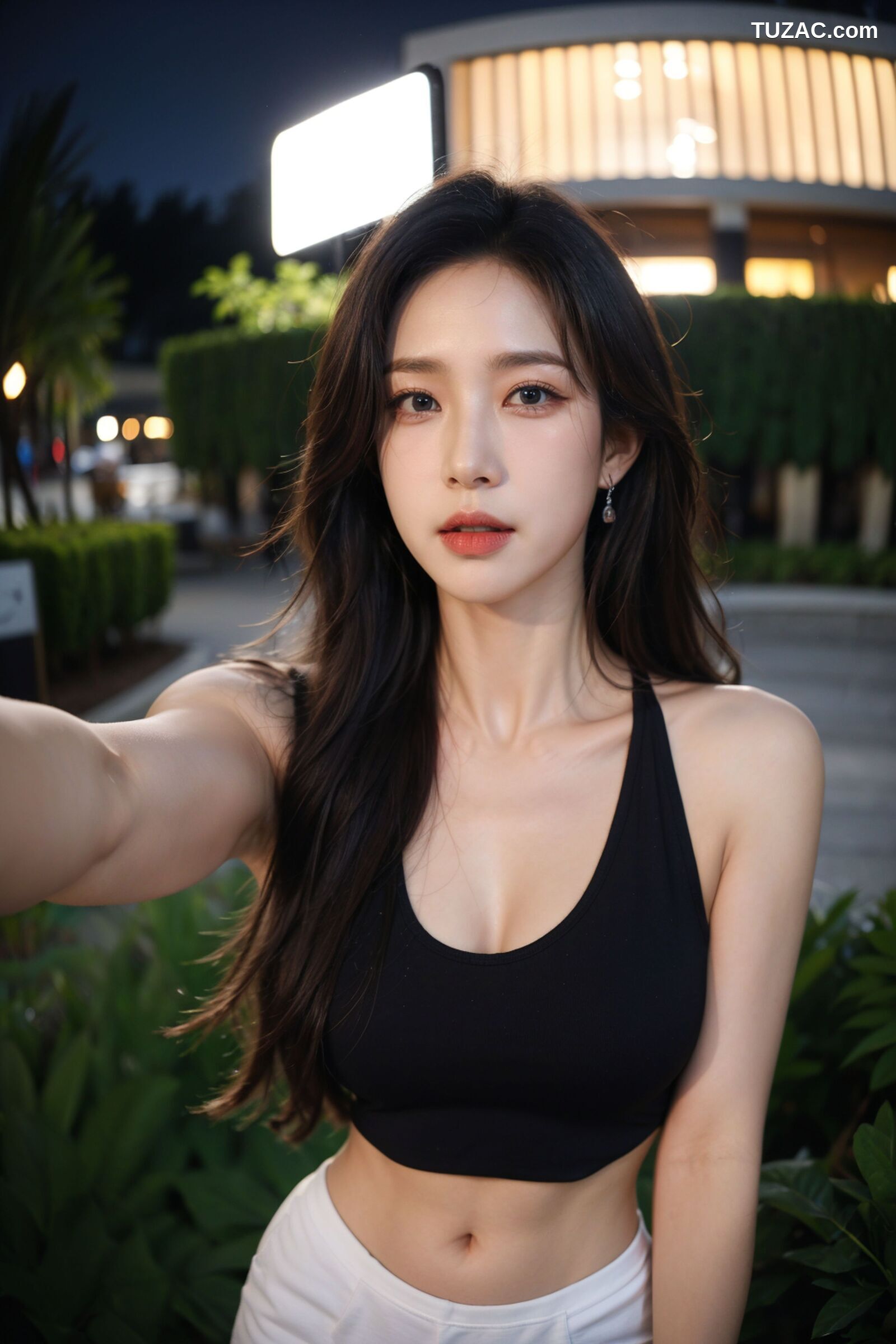 AI美女-拟实-夜色户外黑T短裙美女-纯净版