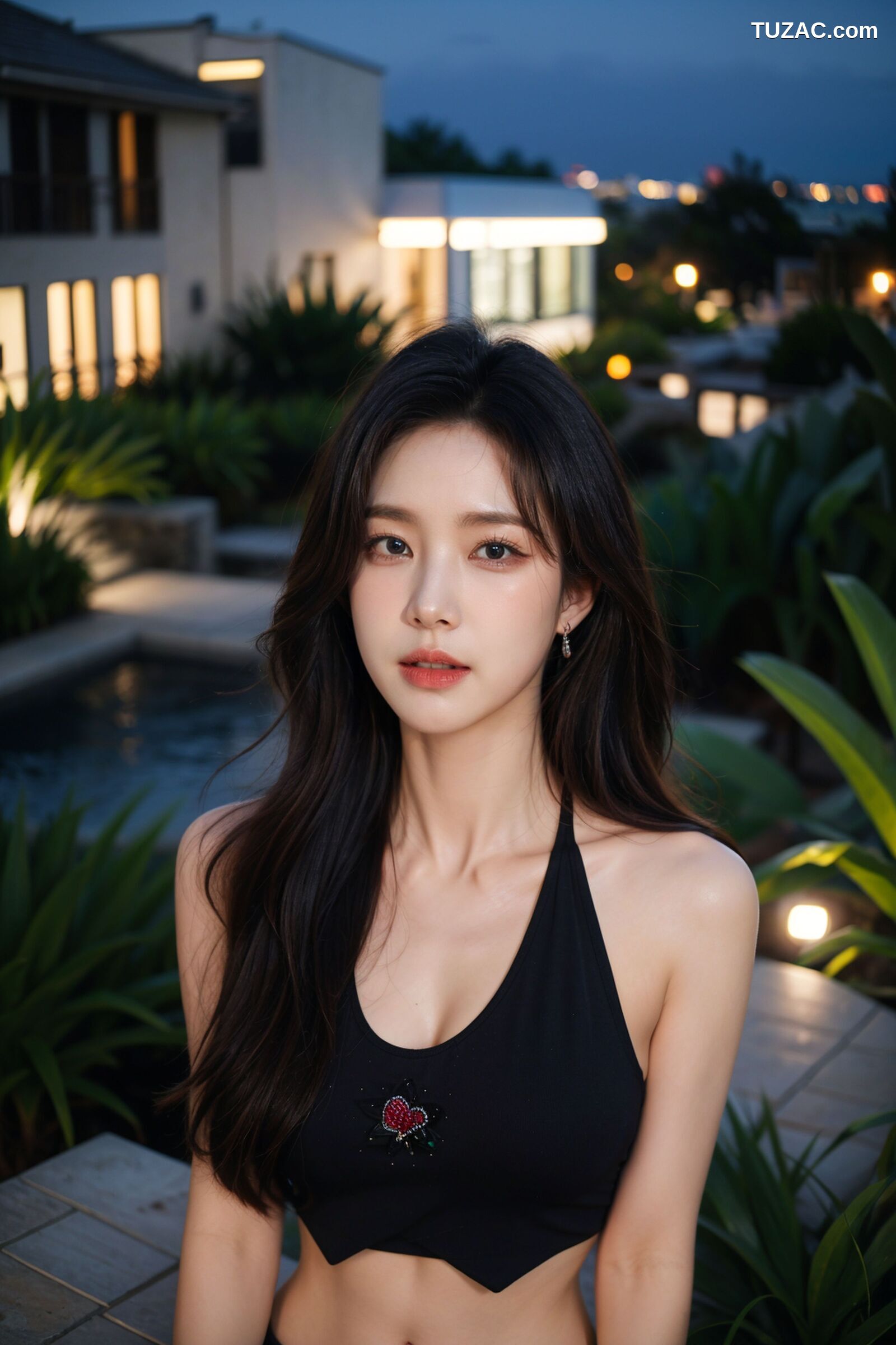AI美女-拟实-夜色户外黑T短裙美女-纯净版