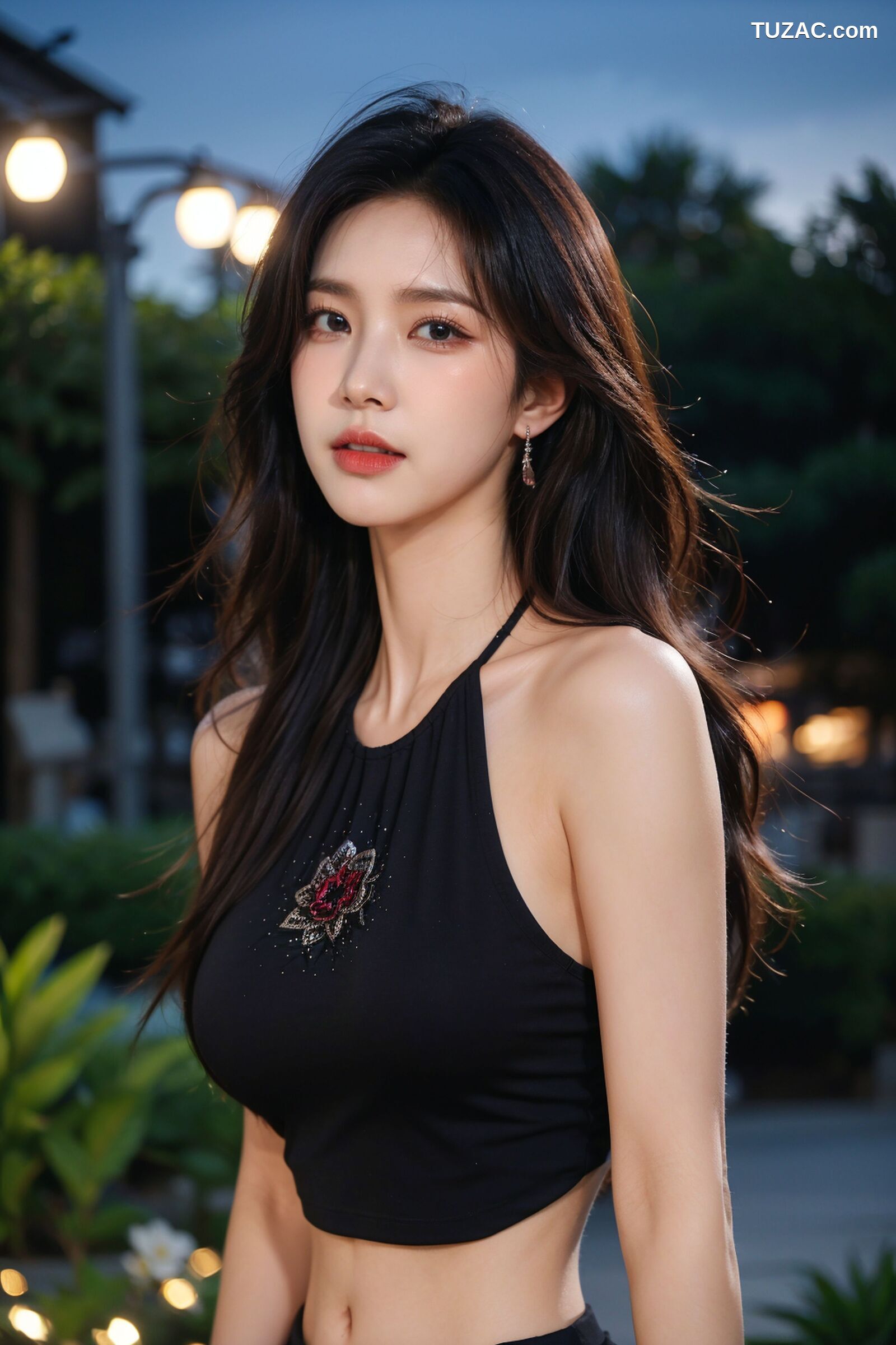 AI美女-拟实-夜色户外黑T短裙美女-纯净版