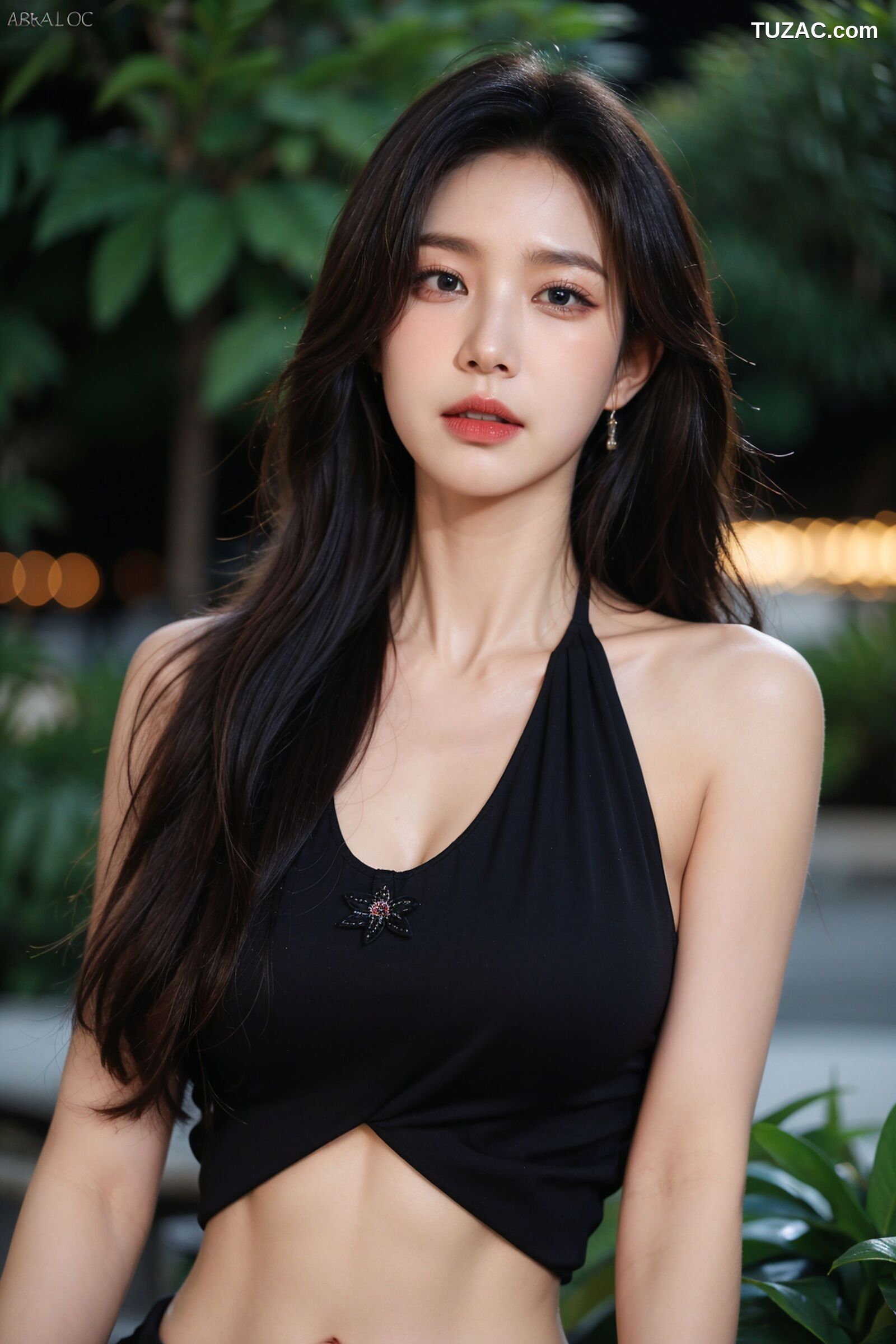 AI美女-拟实-夜色户外黑T短裙美女-纯净版
