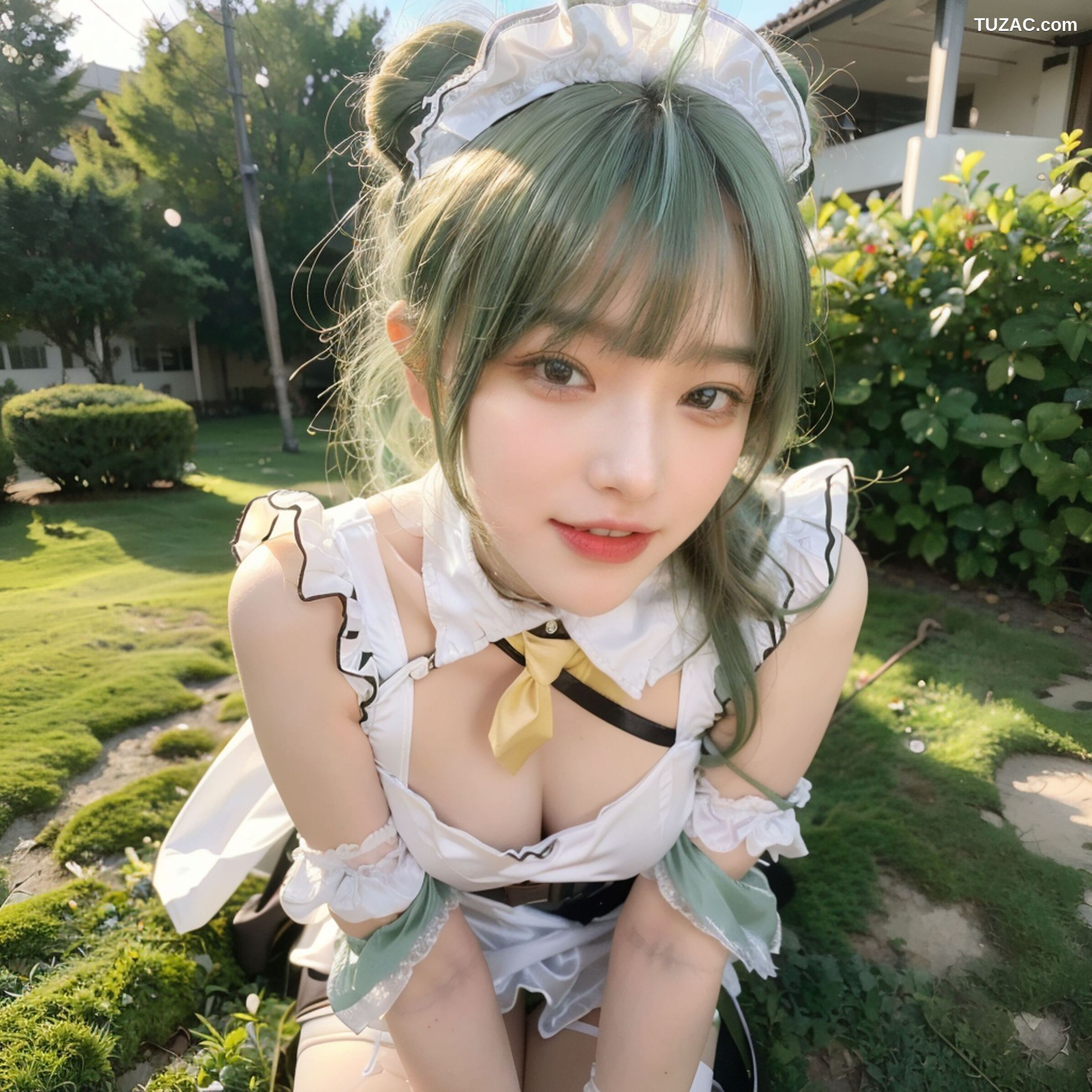 AI美女-拟实-女仆装白衫黑短裙户外绿地