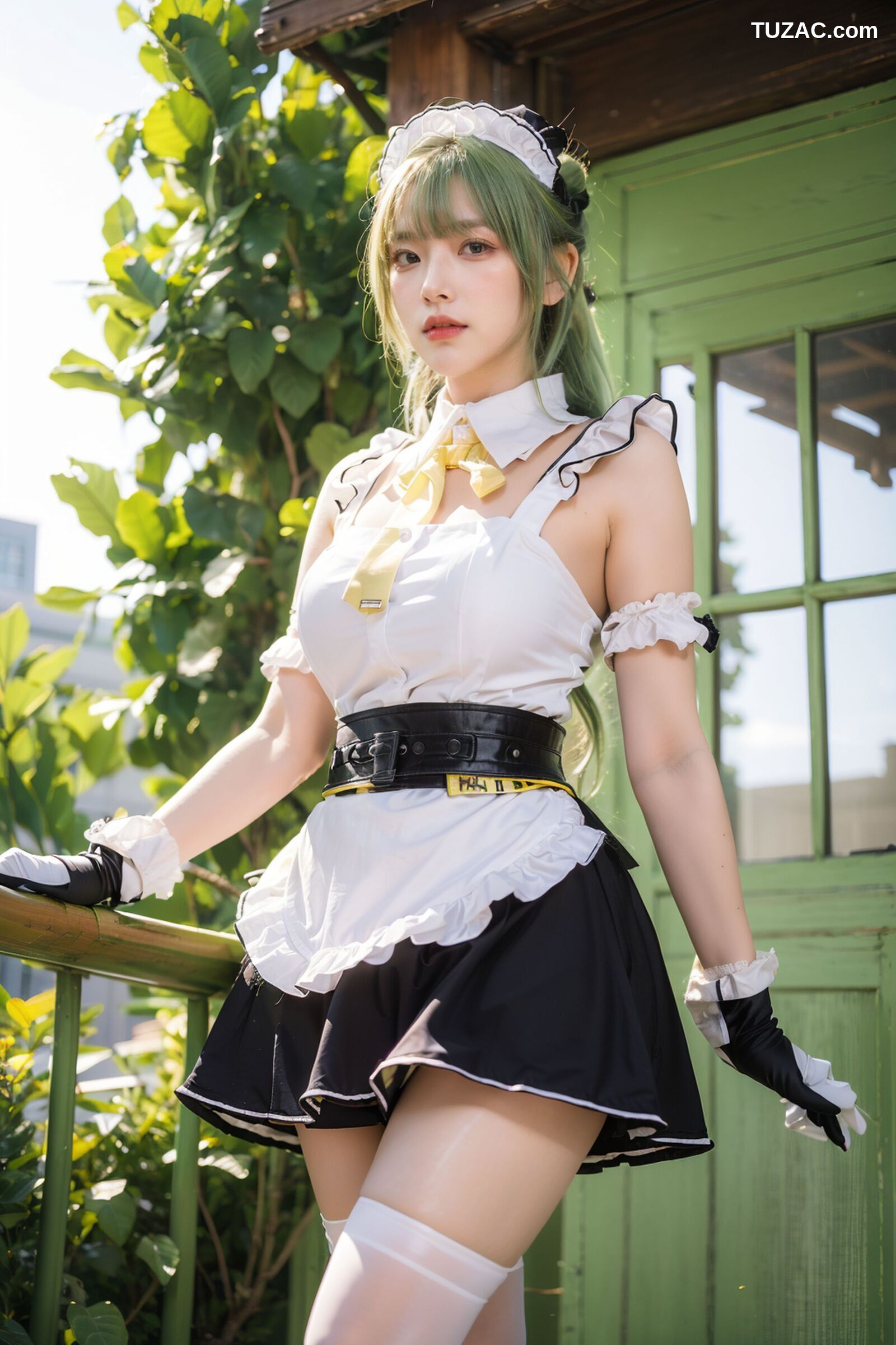 AI美女-拟实-女仆装白衫黑短裙户外绿地