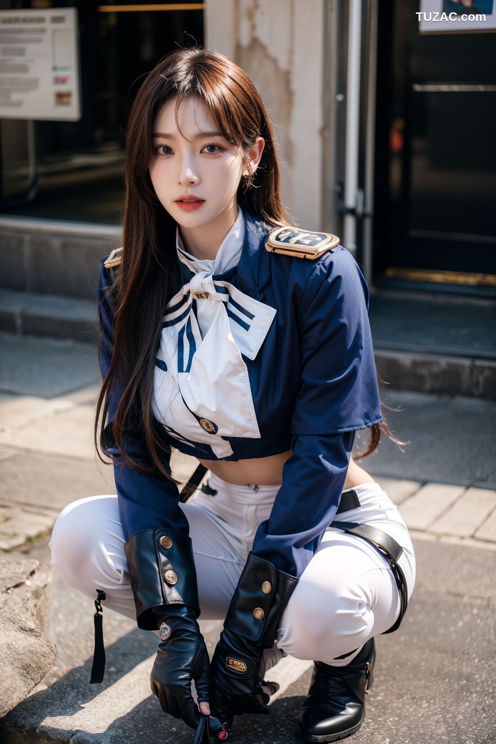 AI美女-拟实-女军官深蓝制服