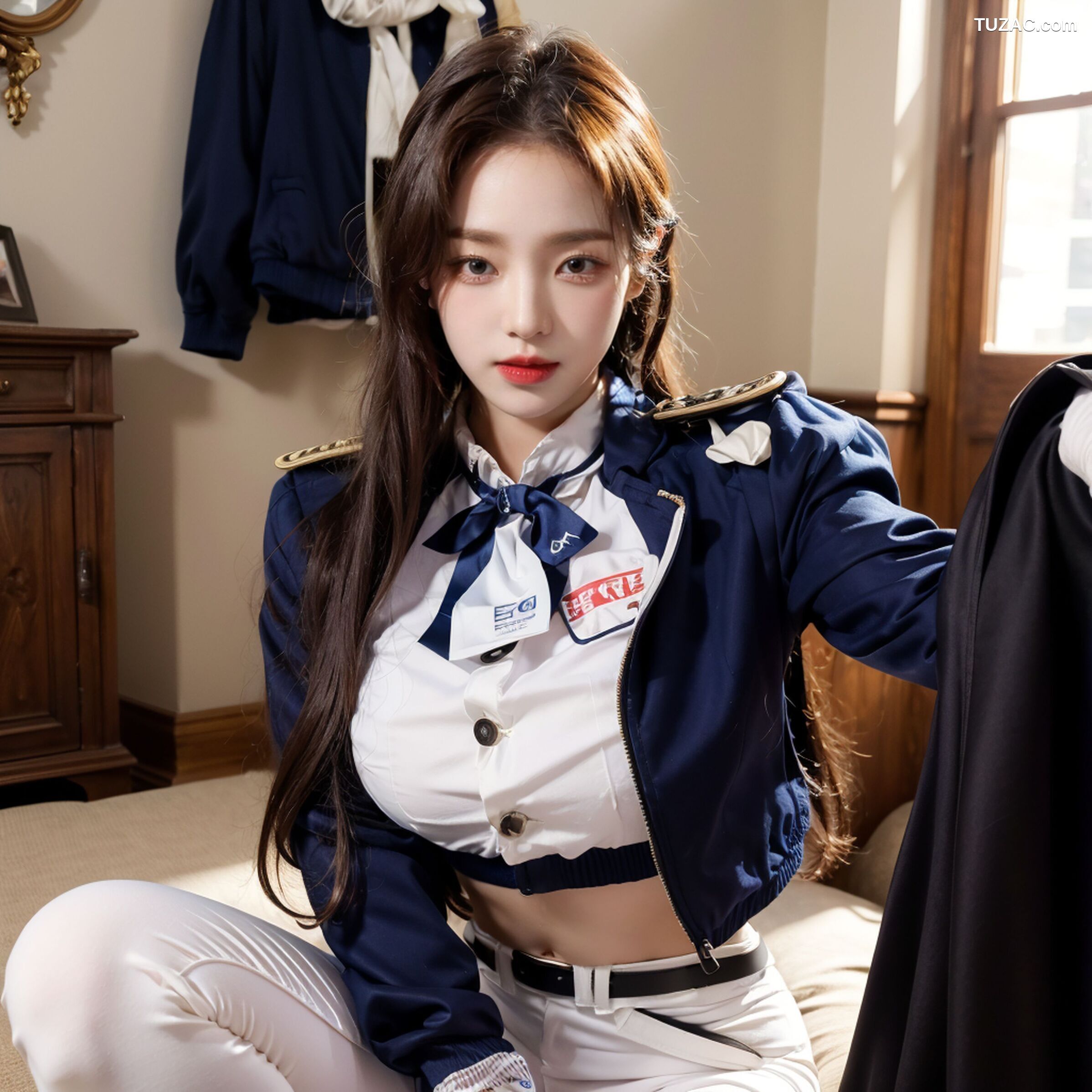 AI美女-拟实-女军官深蓝制服