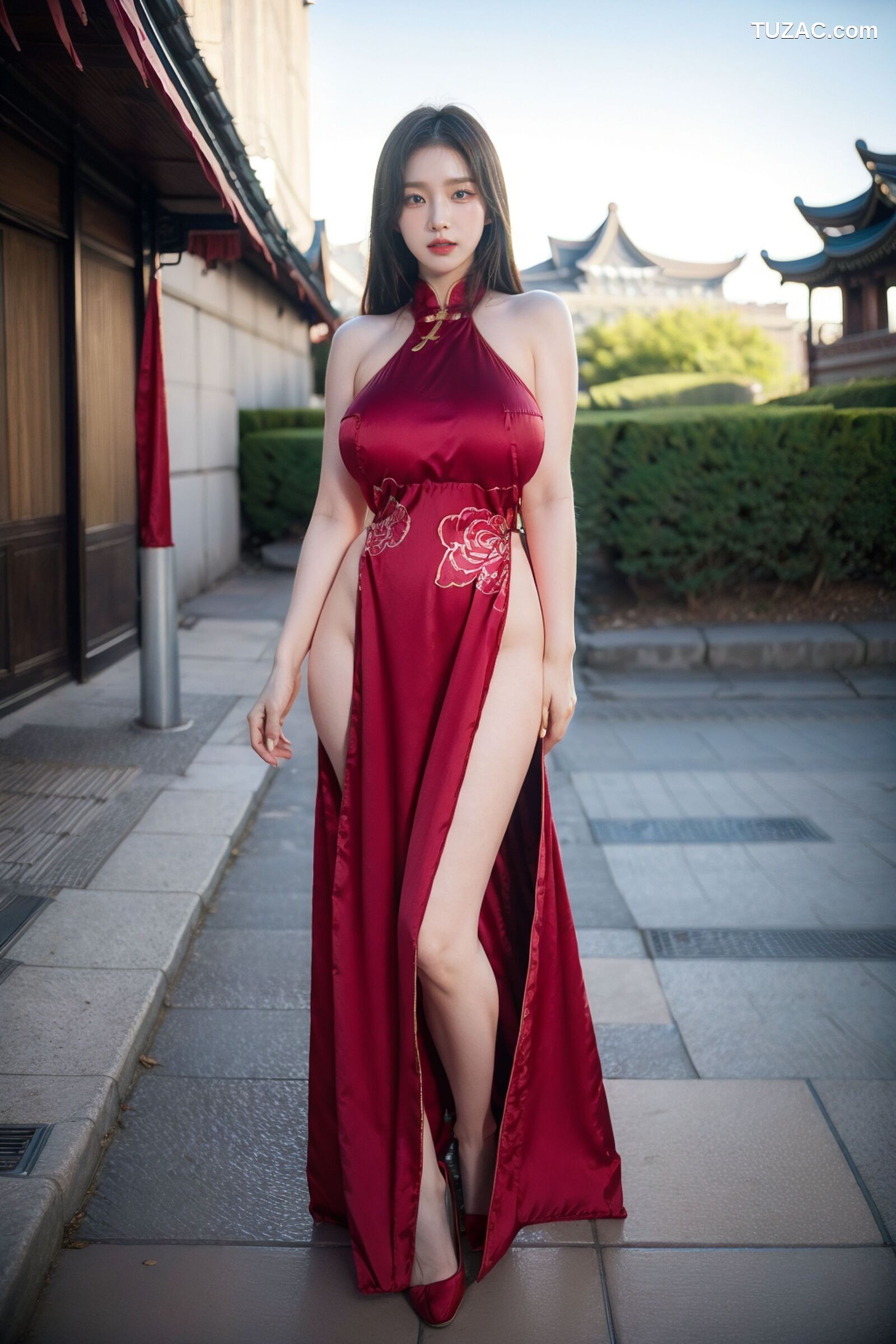 AI美女-拟实-情趣古风露背旗袍-红色长发版