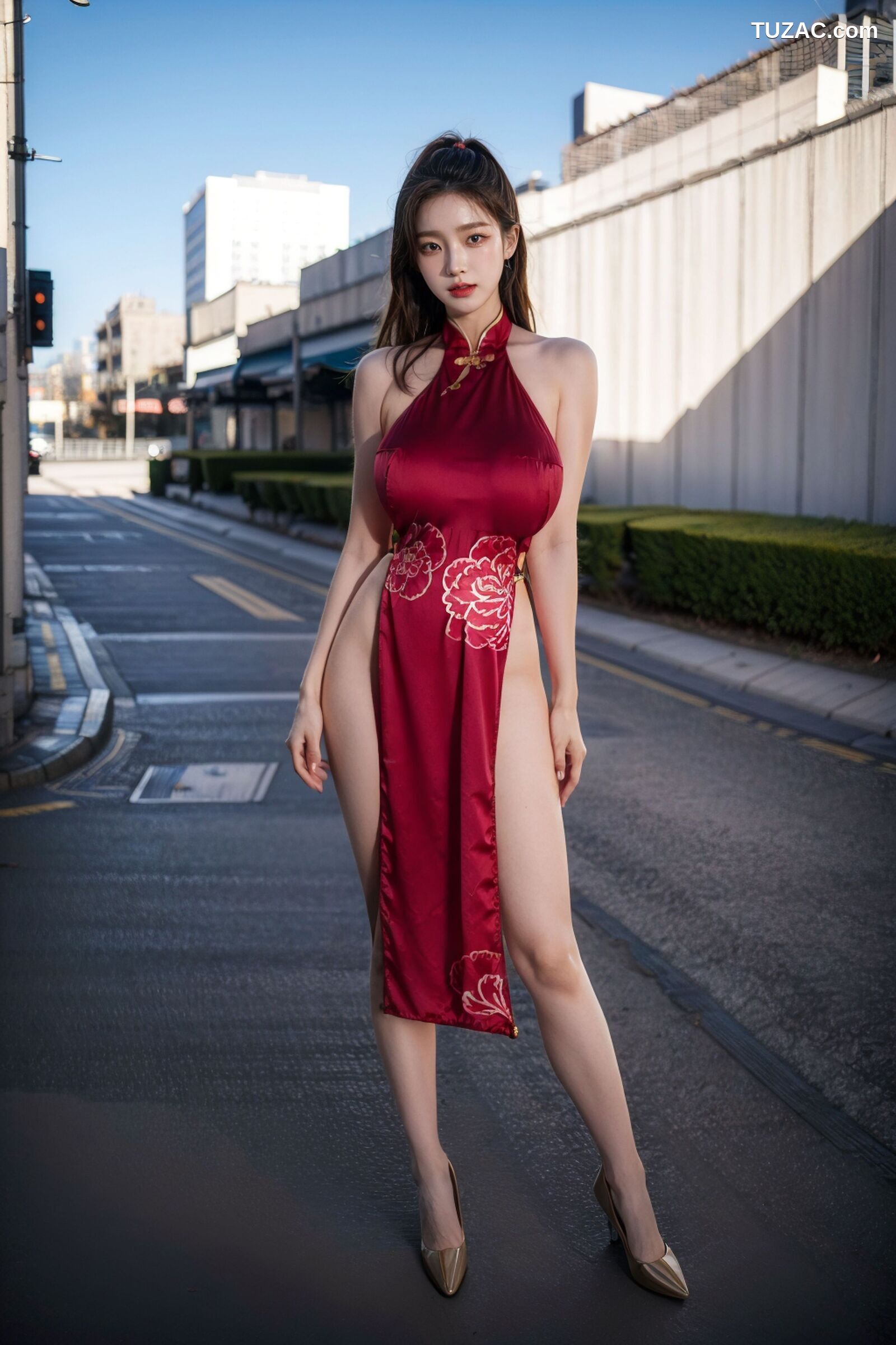 AI美女-拟实-情趣古风露背旗袍-红色长发版
