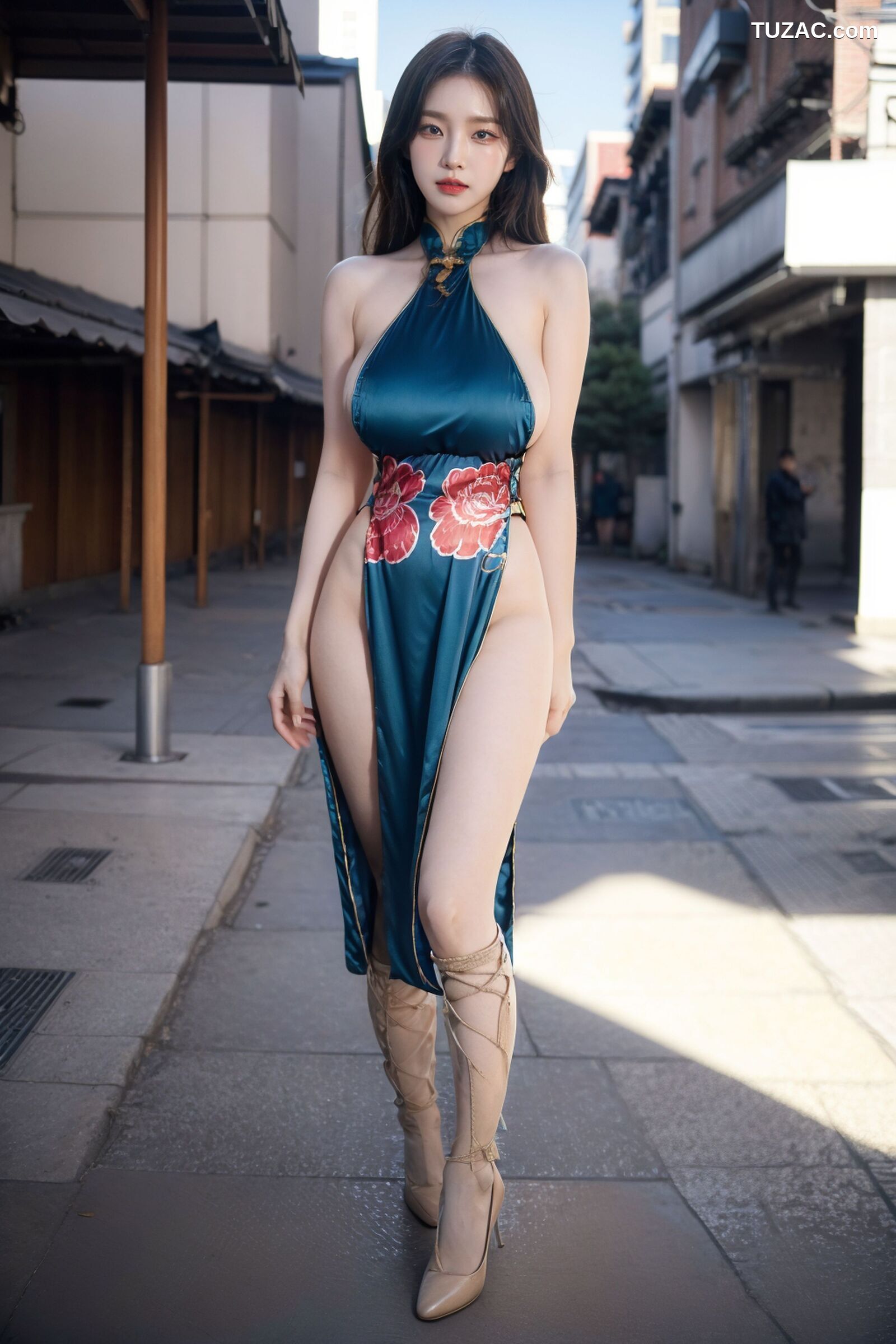 AI美女-拟实-情趣古风露背旗袍-蓝色版