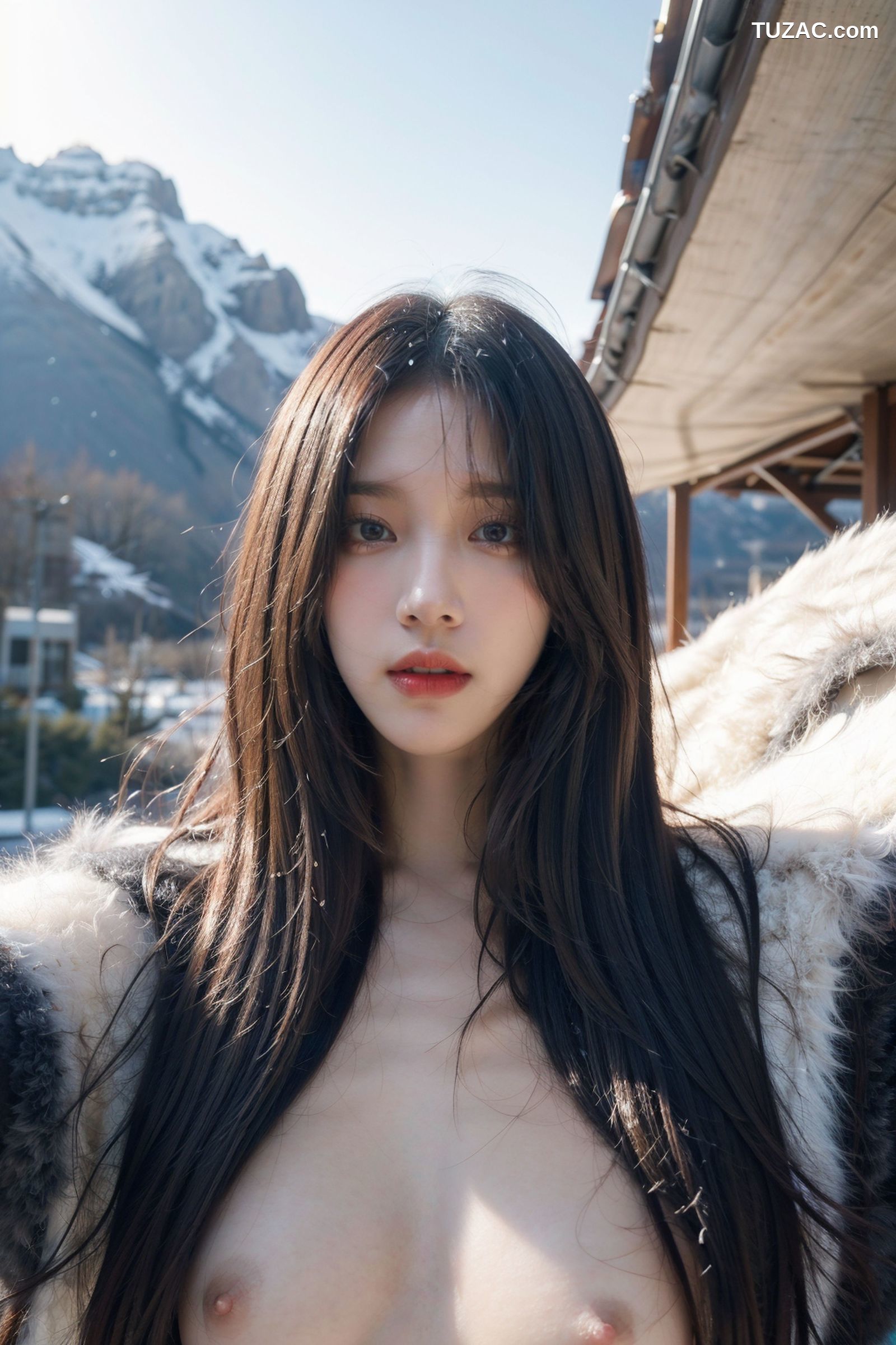 AI美女-拟实-户外场景-雪地上的美丽裸体