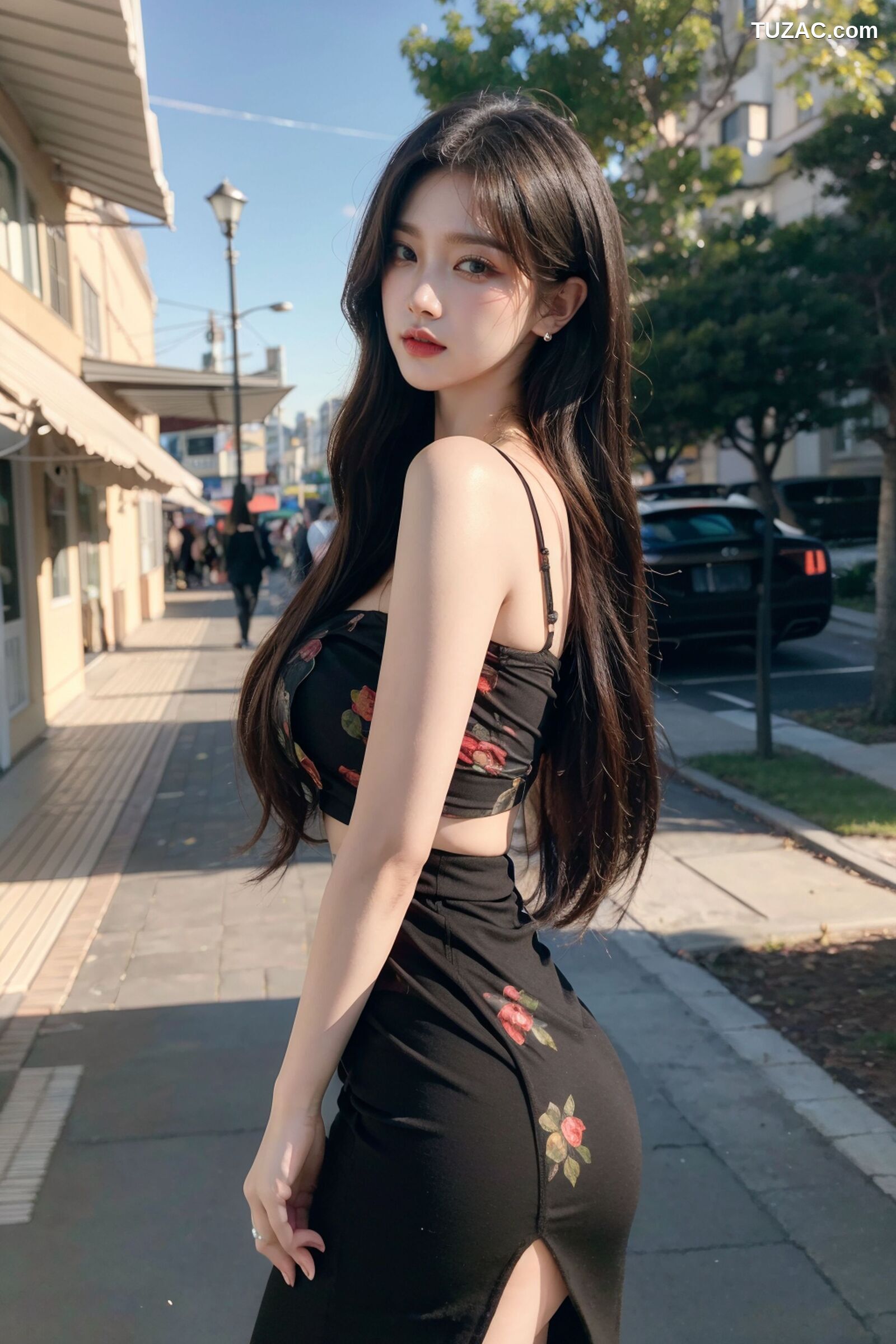 AI美女-拟实-抹胸黑短裙美女街拍