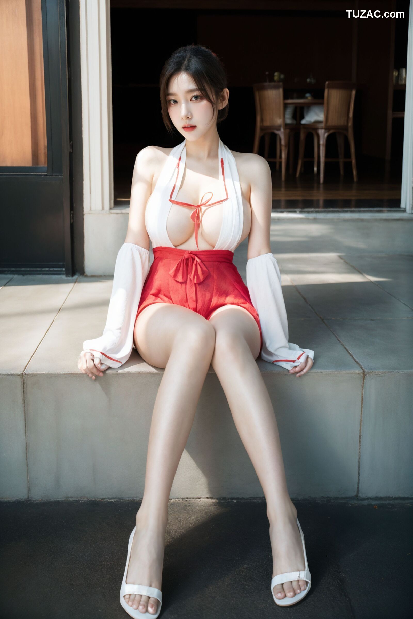 AI美女-拟实-挂脖白衣红纱裙