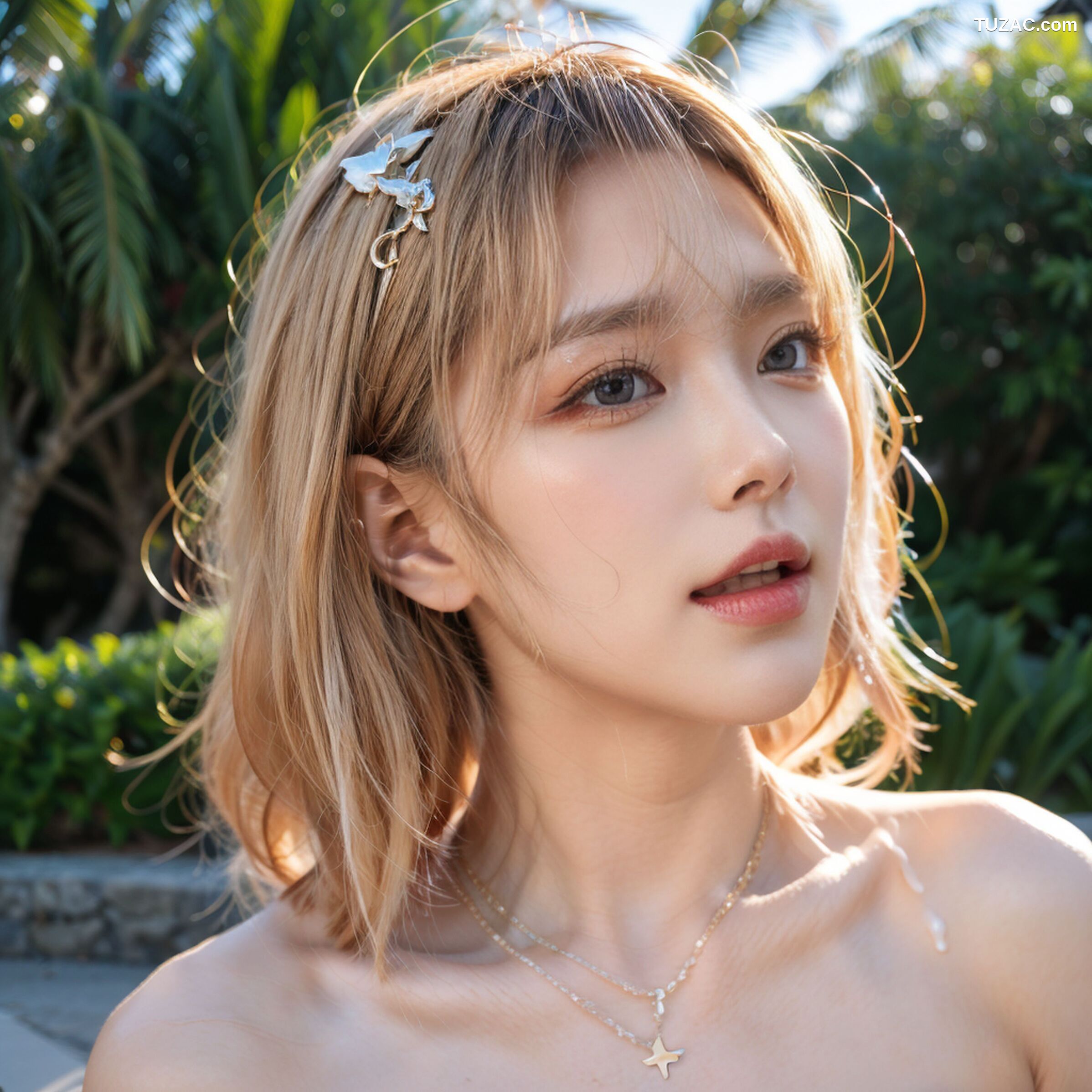 AI美女-拟实-桔色外套白色超小比基尼金色短发美女