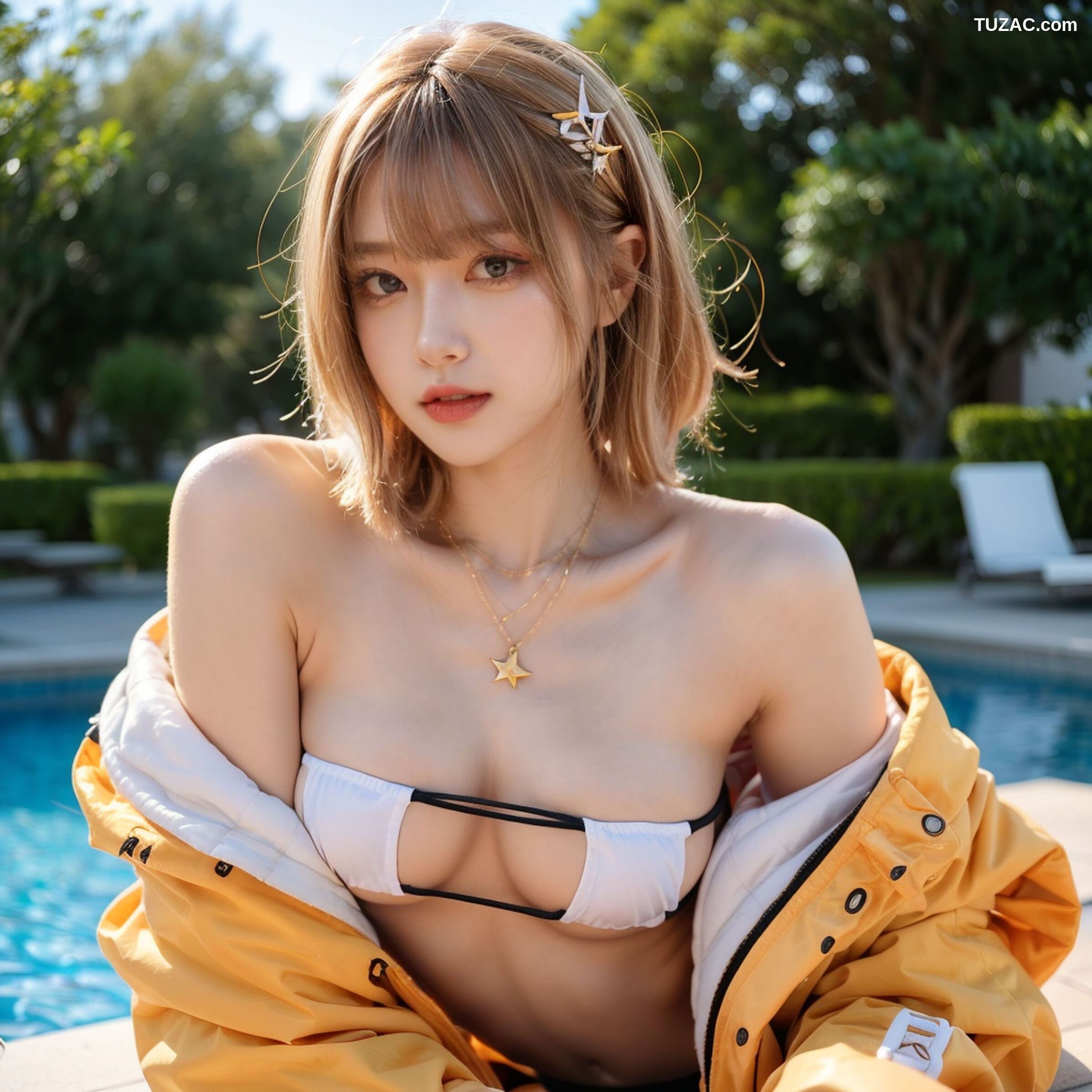 AI美女-拟实-桔色外套白色超小比基尼金色短发美女