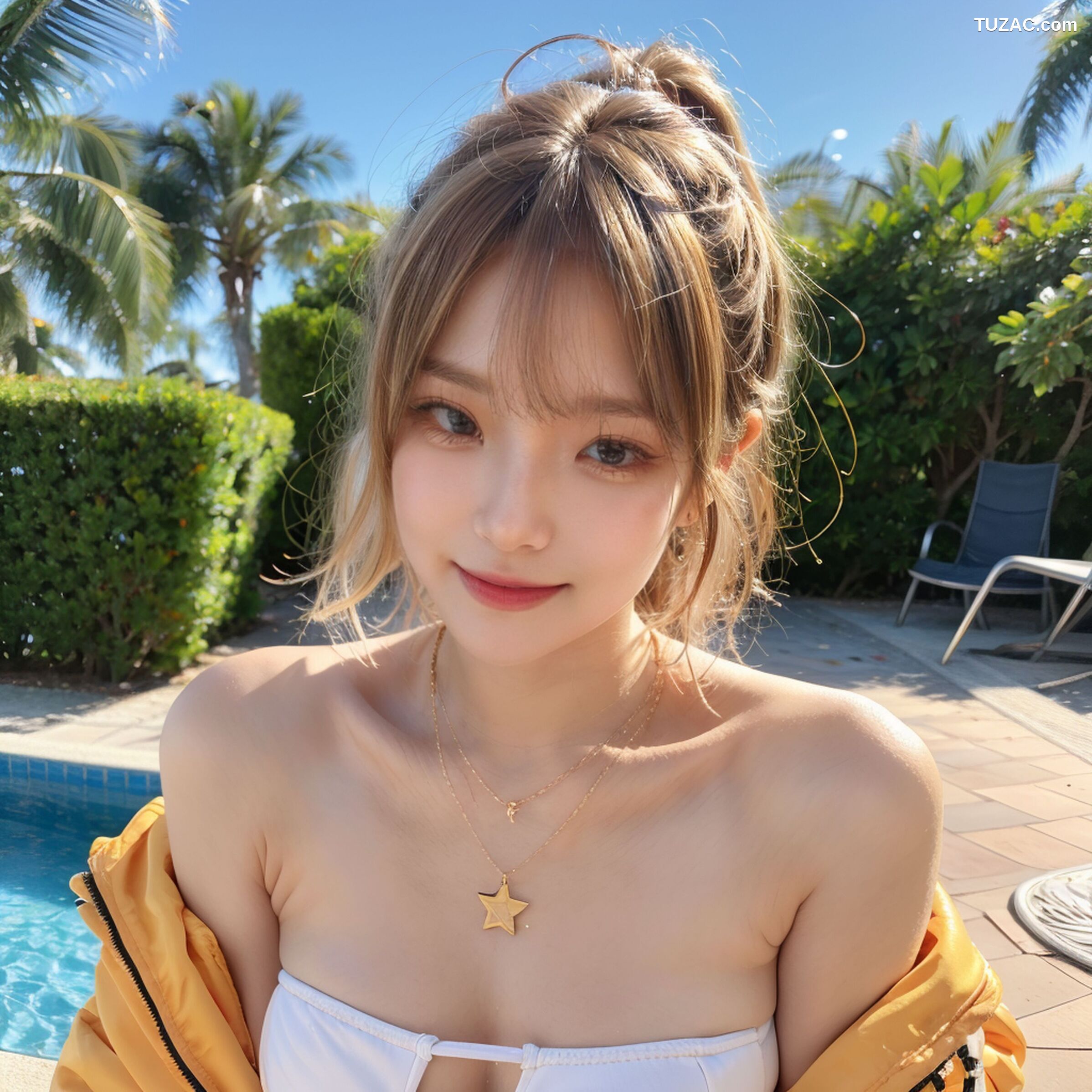 AI美女-拟实-桔色外套白色超小比基尼金色短发美女