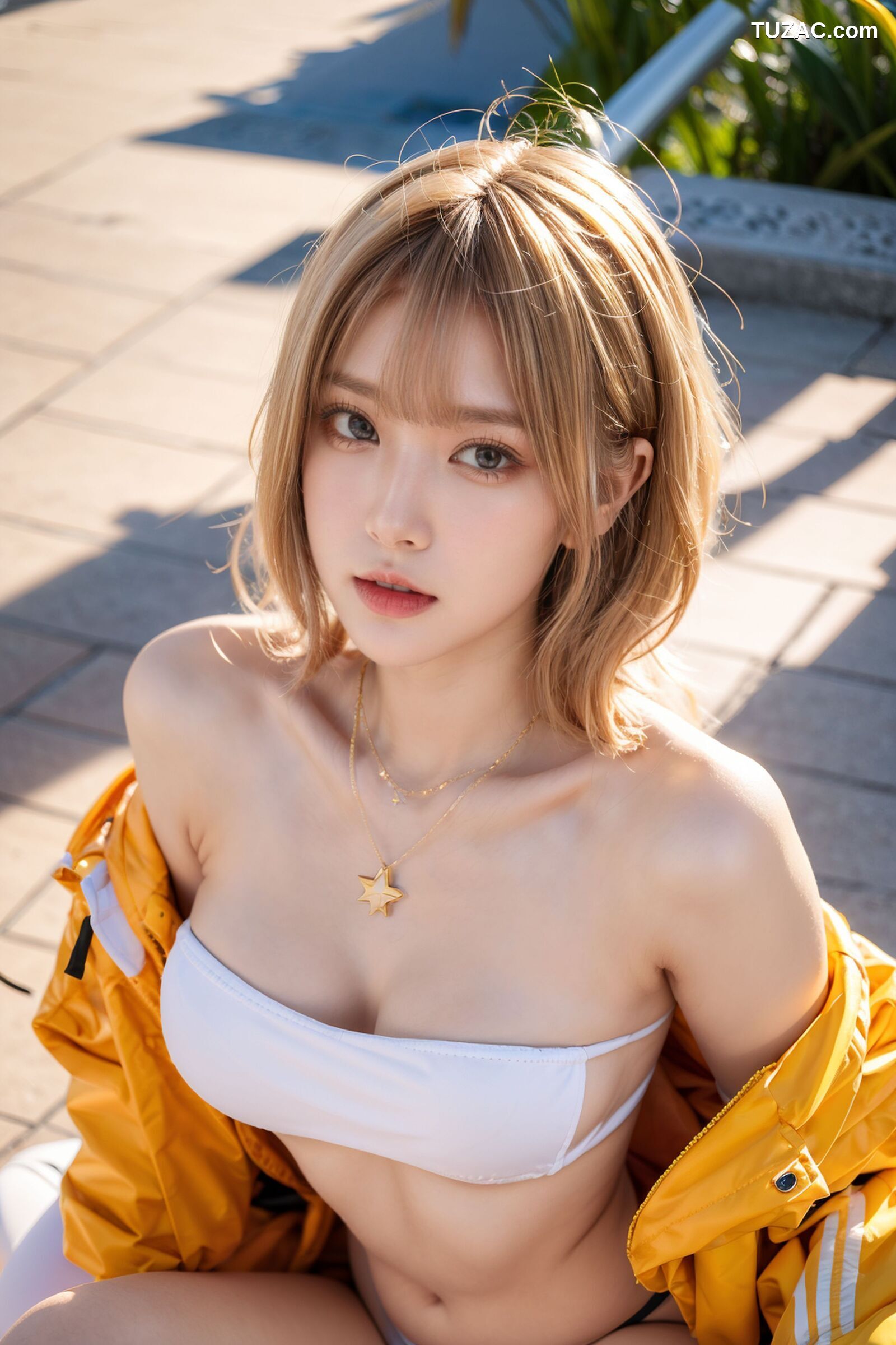 AI美女-拟实-桔色外套白色超小比基尼金色短发美女
