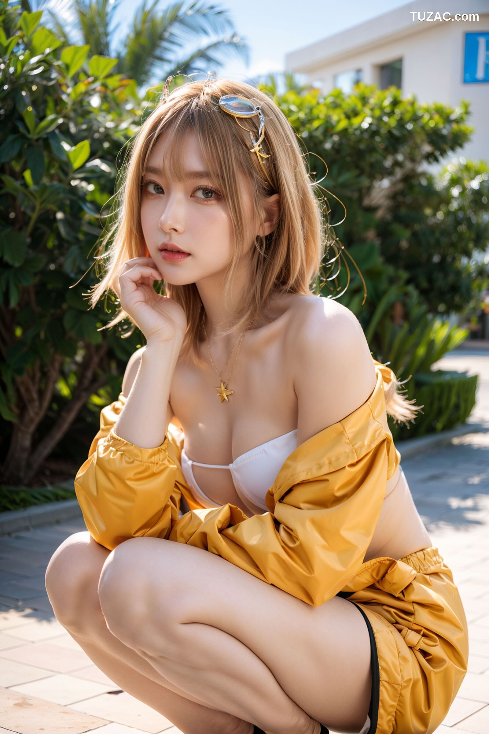 AI美女-拟实-桔色外套白色超小比基尼金色短发美女
