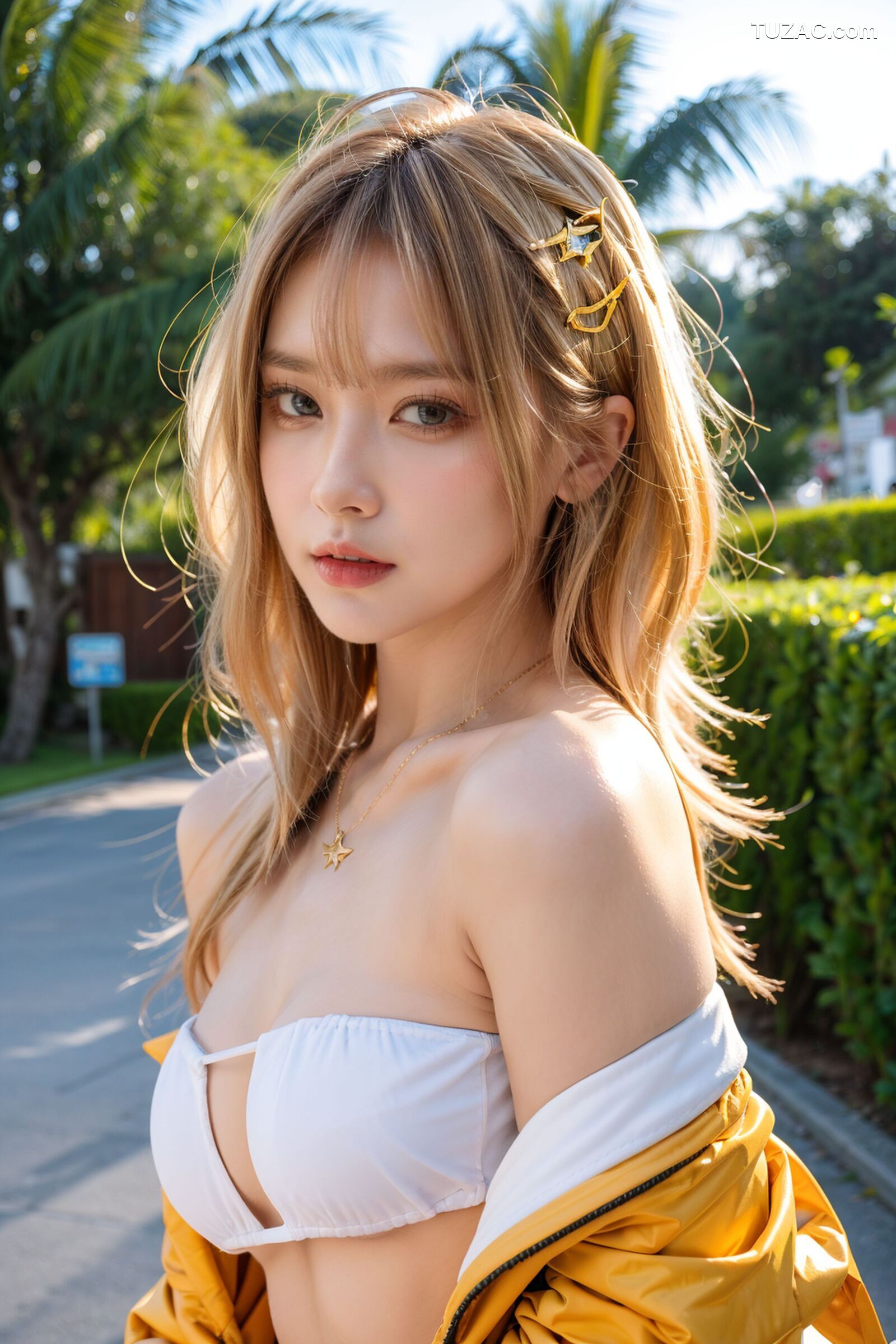 AI美女-拟实-桔色外套白色超小比基尼金色短发美女