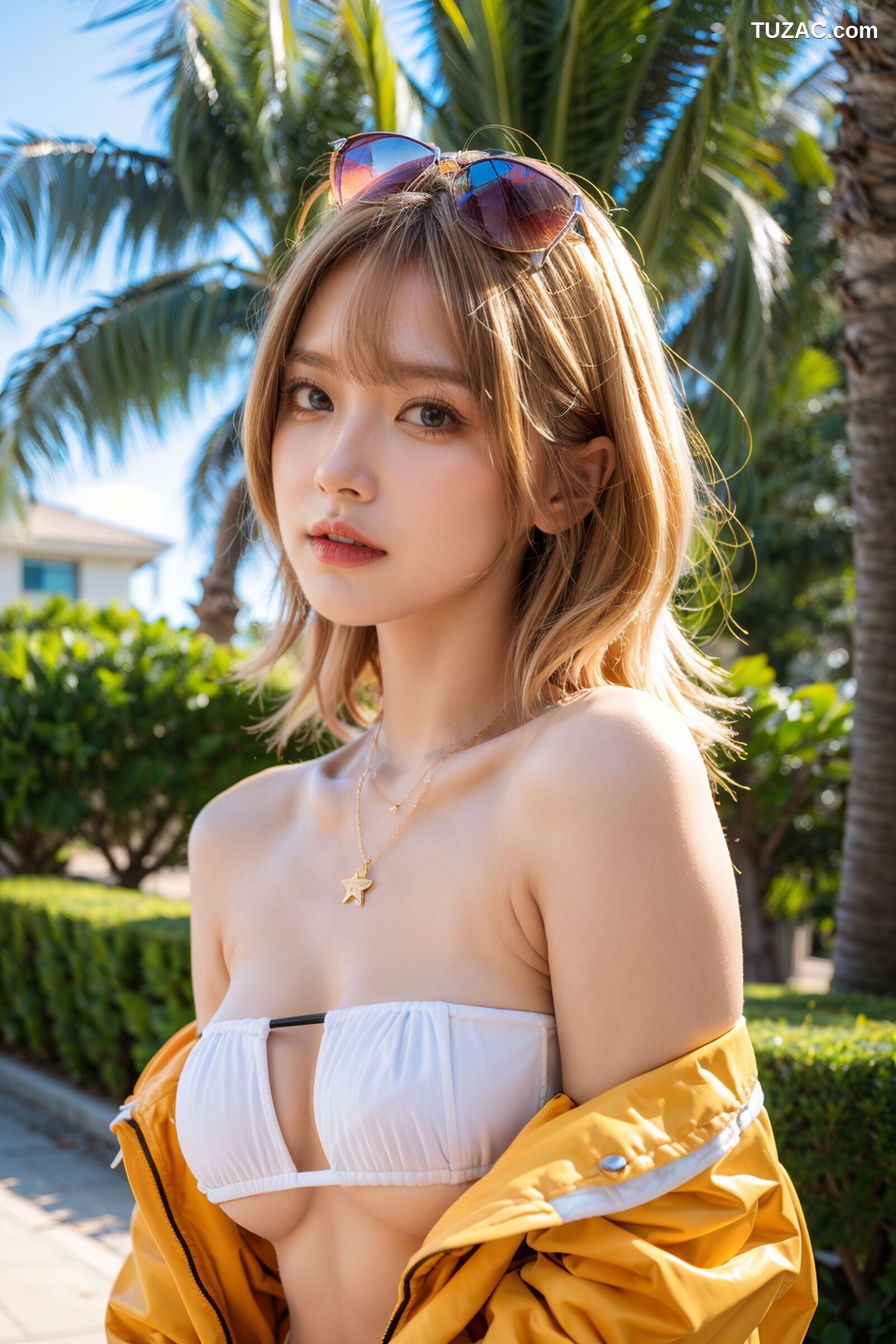 AI美女-拟实-桔色外套白色超小比基尼金色短发美女