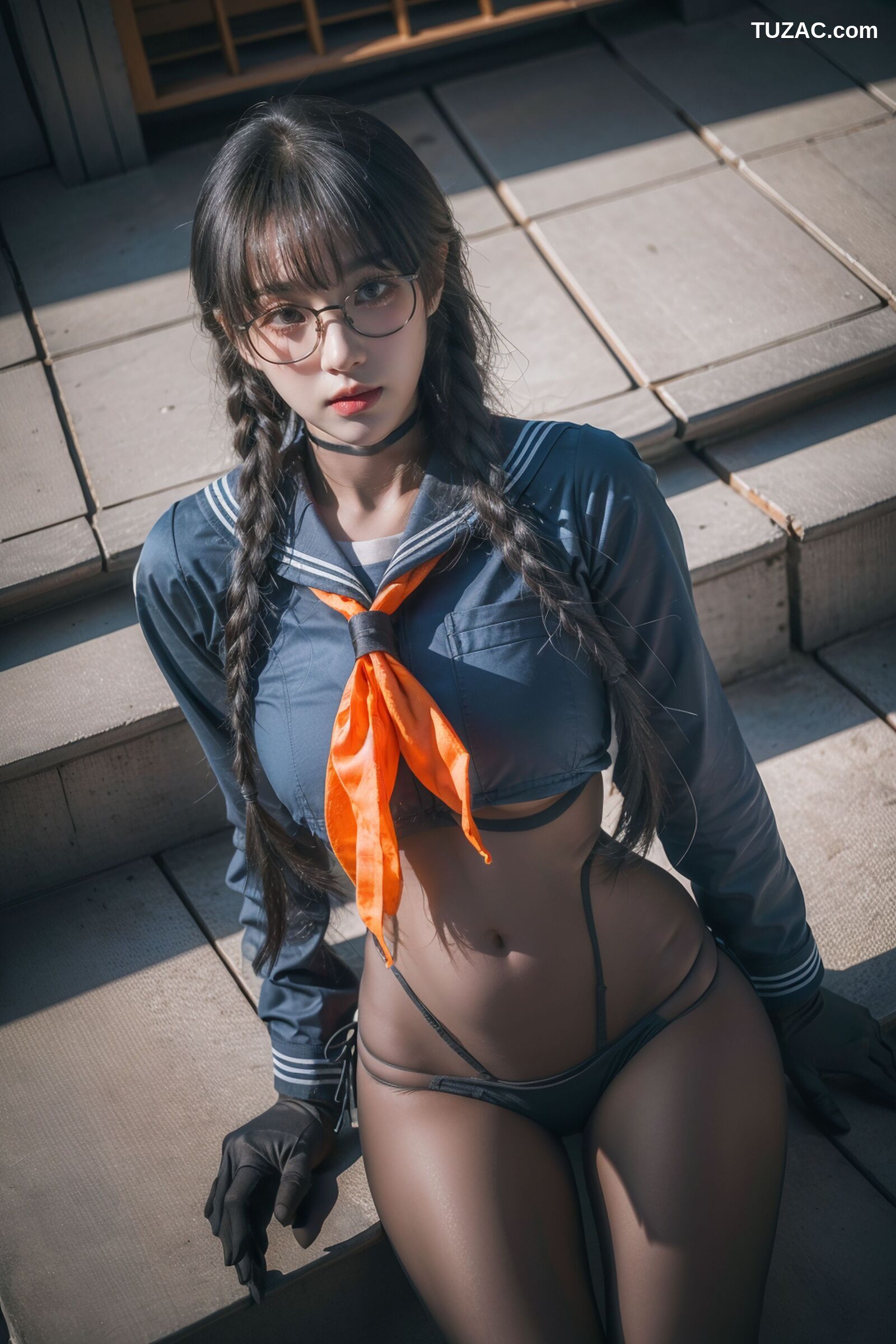 AI美女-拟实-桔色领巾JK女生
