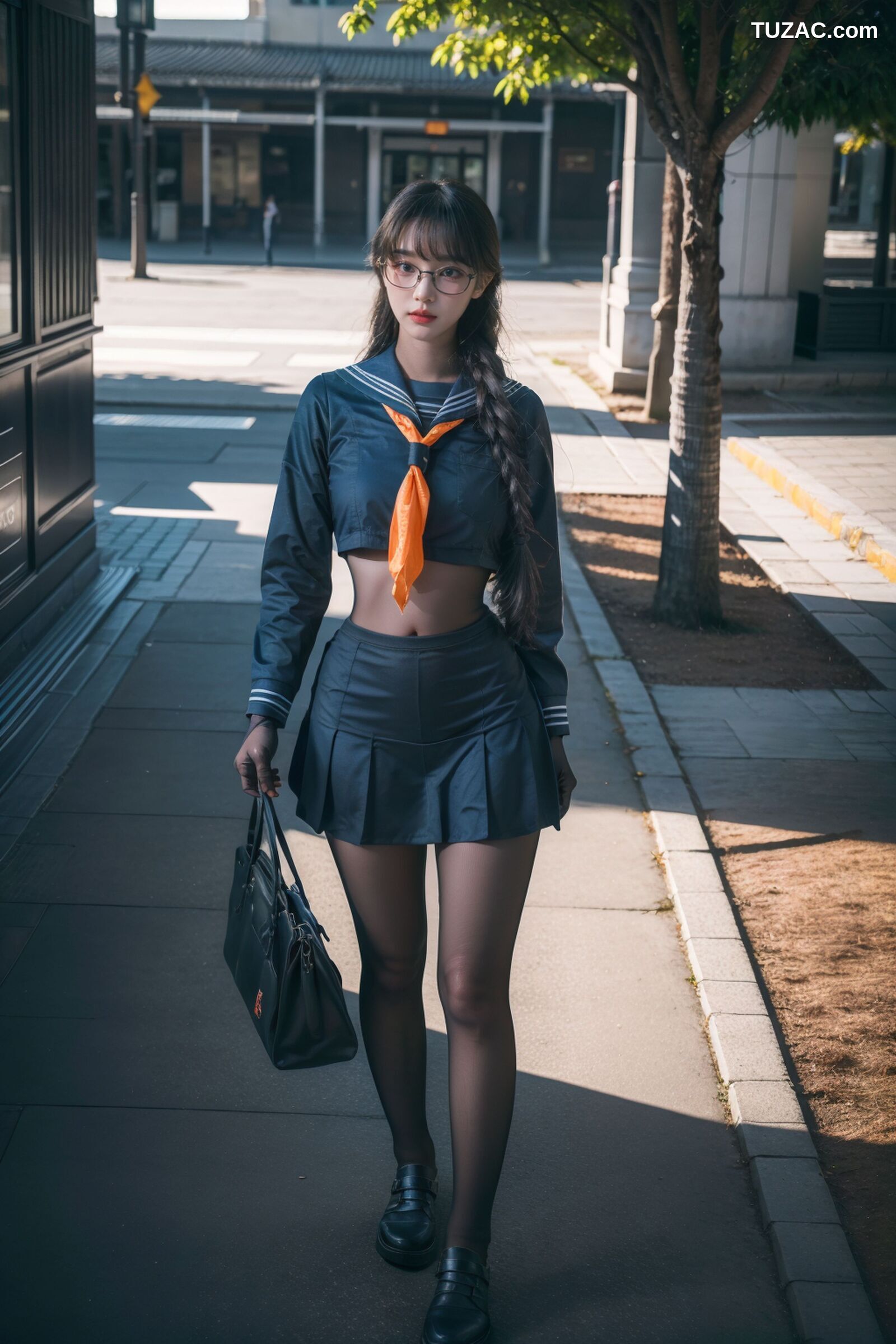 AI美女-拟实-桔色领巾JK女生