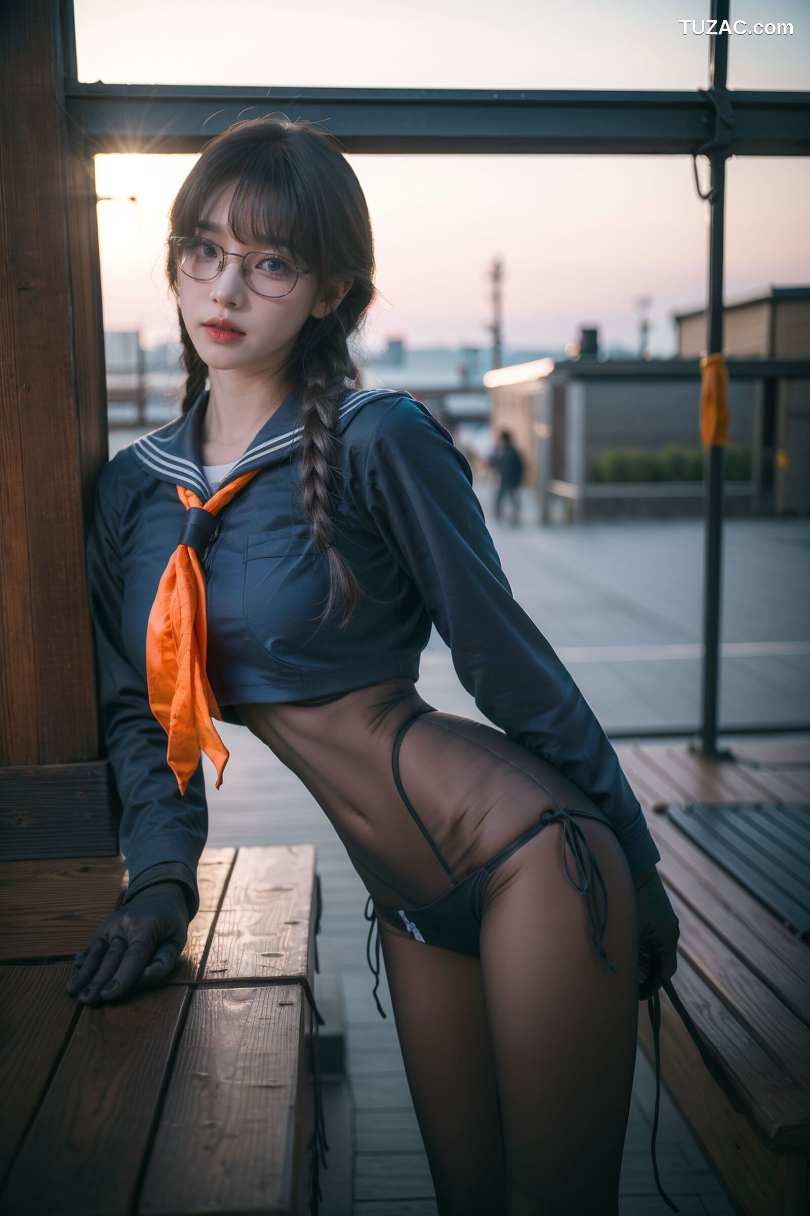 AI美女-拟实-桔色领巾JK女生