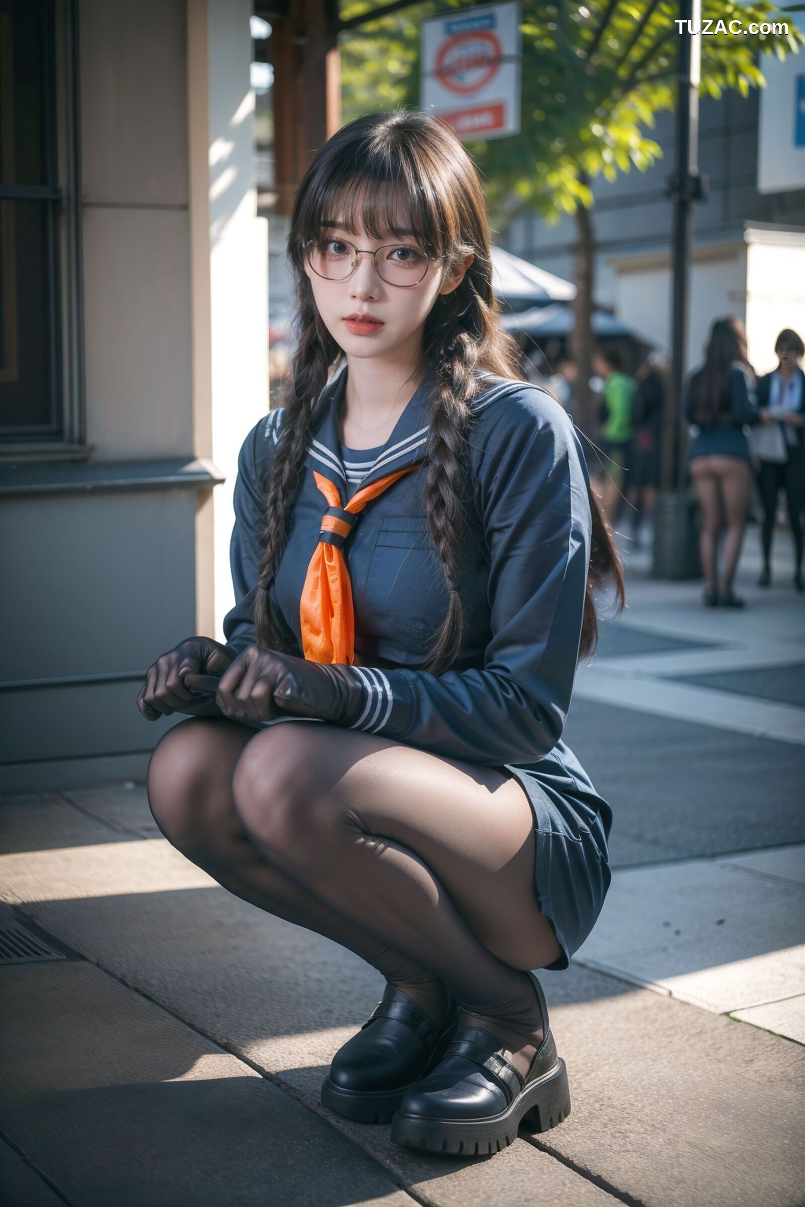 AI美女-拟实-桔色领巾JK女生