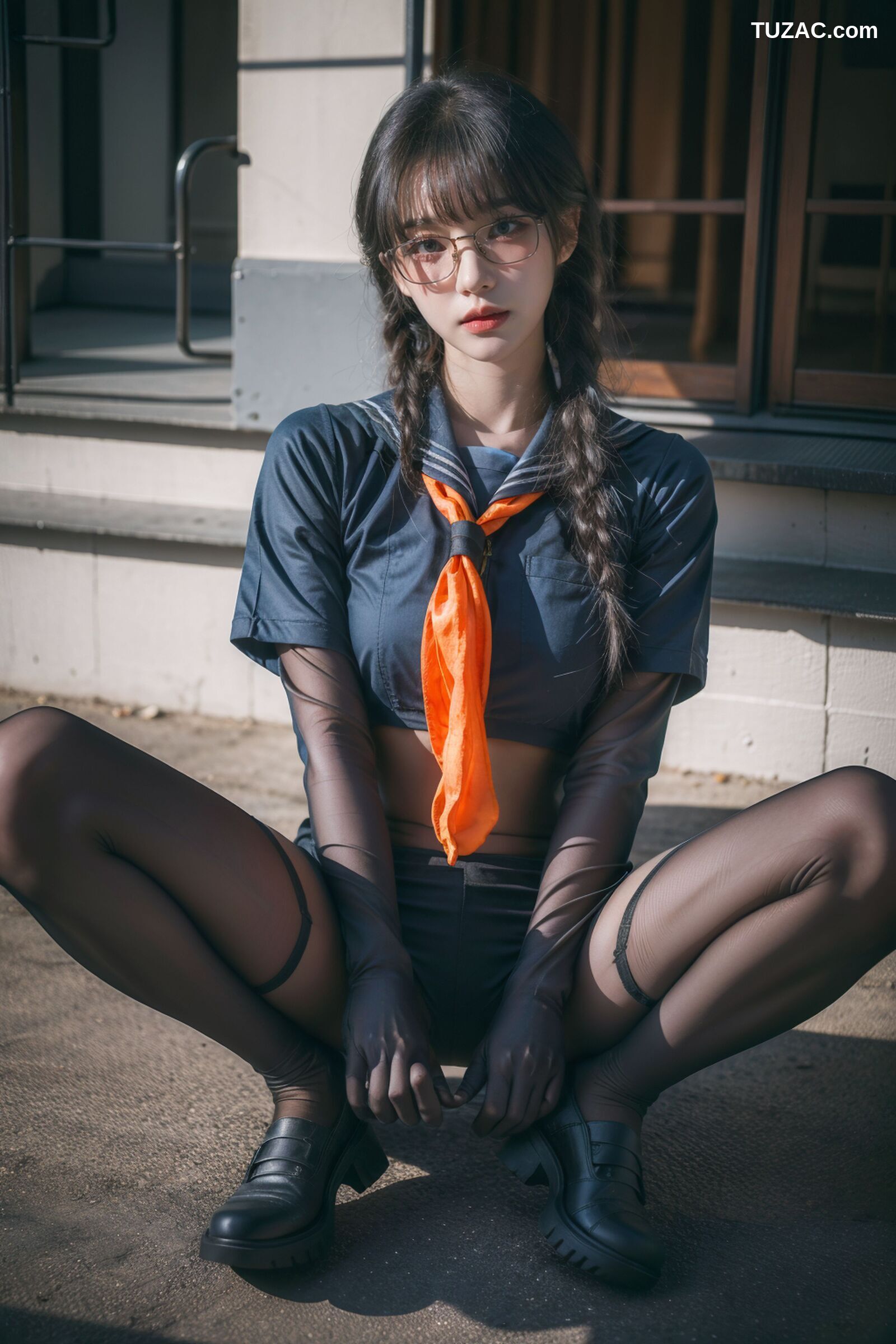 AI美女-拟实-桔色领巾JK女生