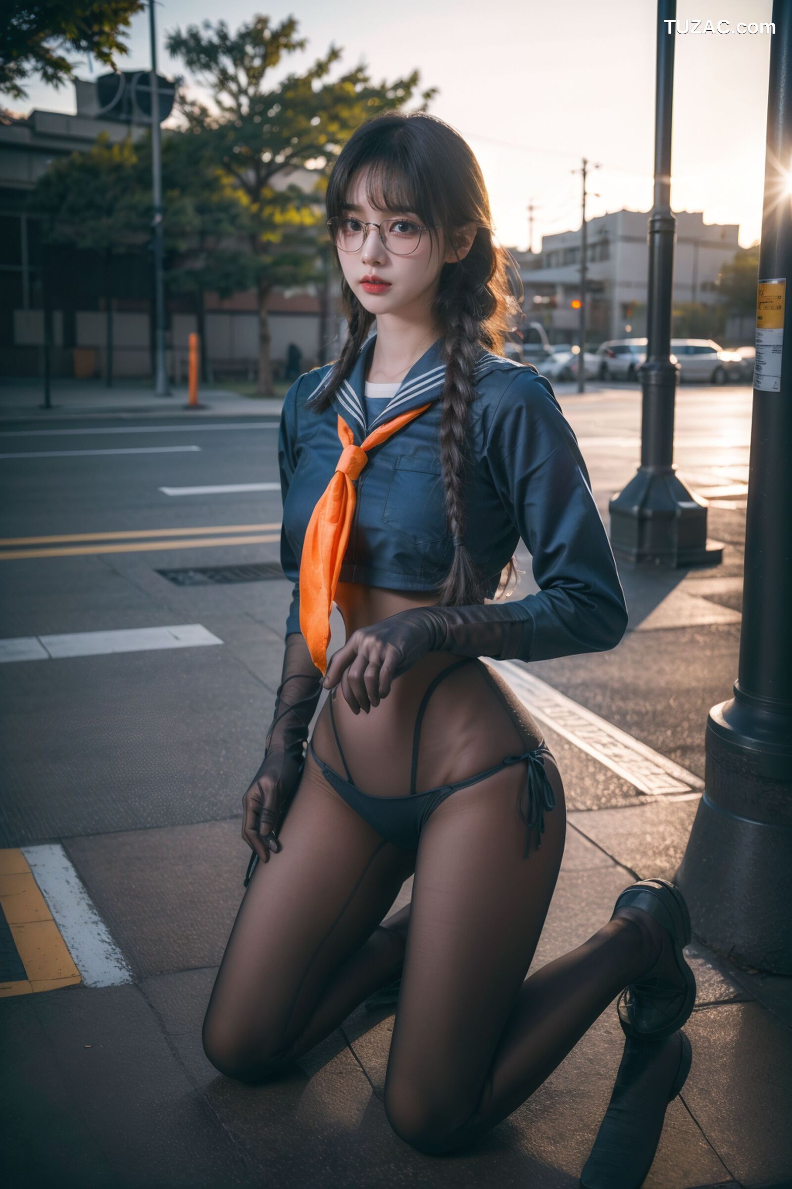 AI美女-拟实-桔色领巾JK女生
