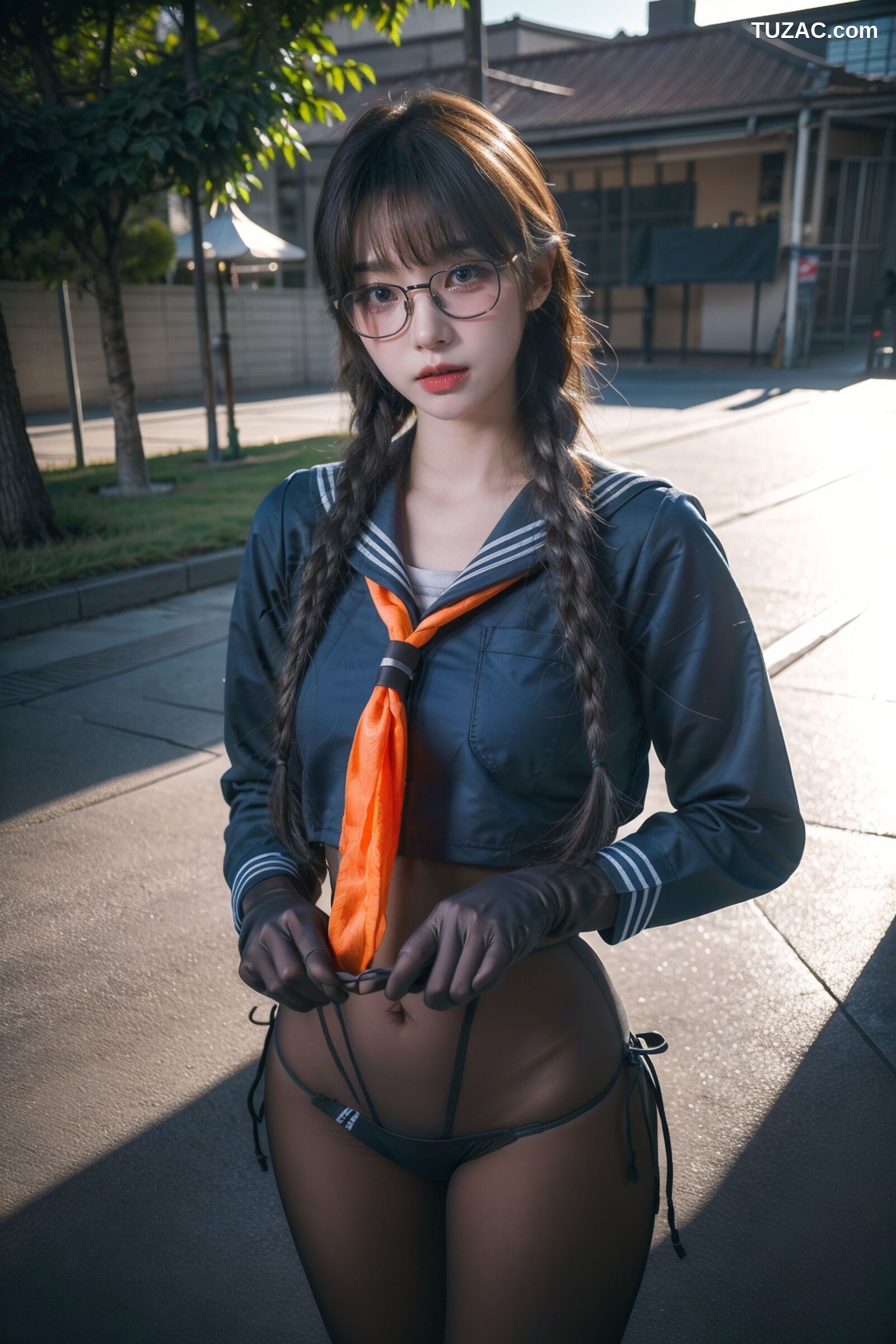 AI美女-拟实-桔色领巾JK女生