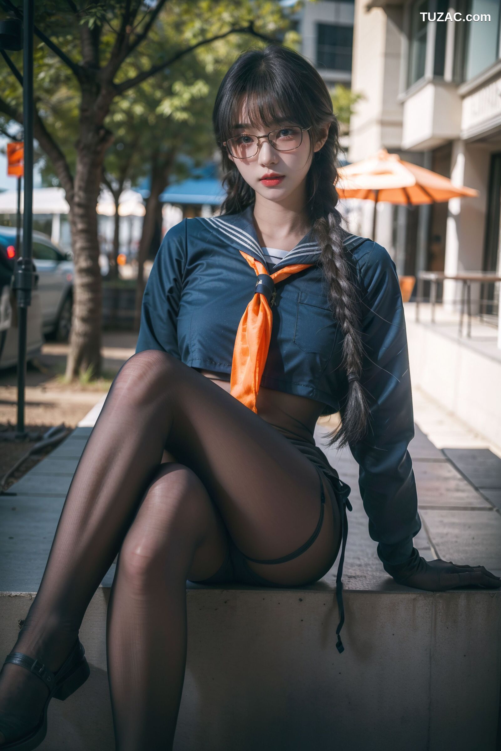 AI美女-拟实-桔色领巾JK女生