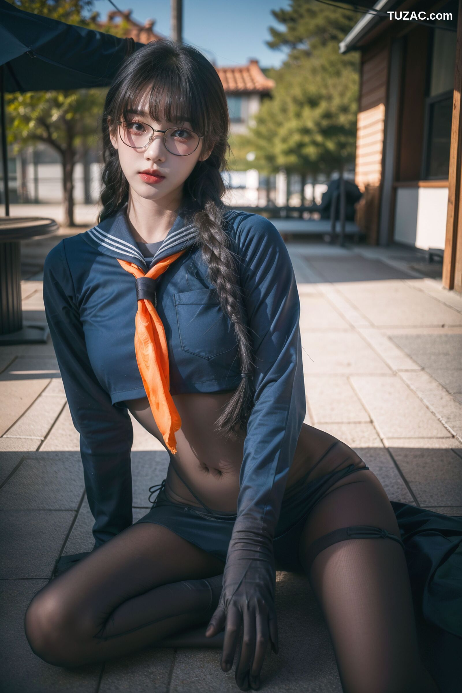 AI美女-拟实-桔色领巾JK女生
