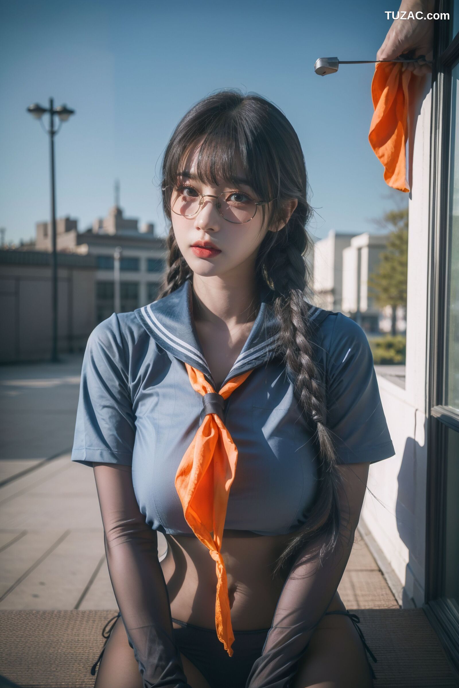 AI美女-拟实-桔色领巾JK女生