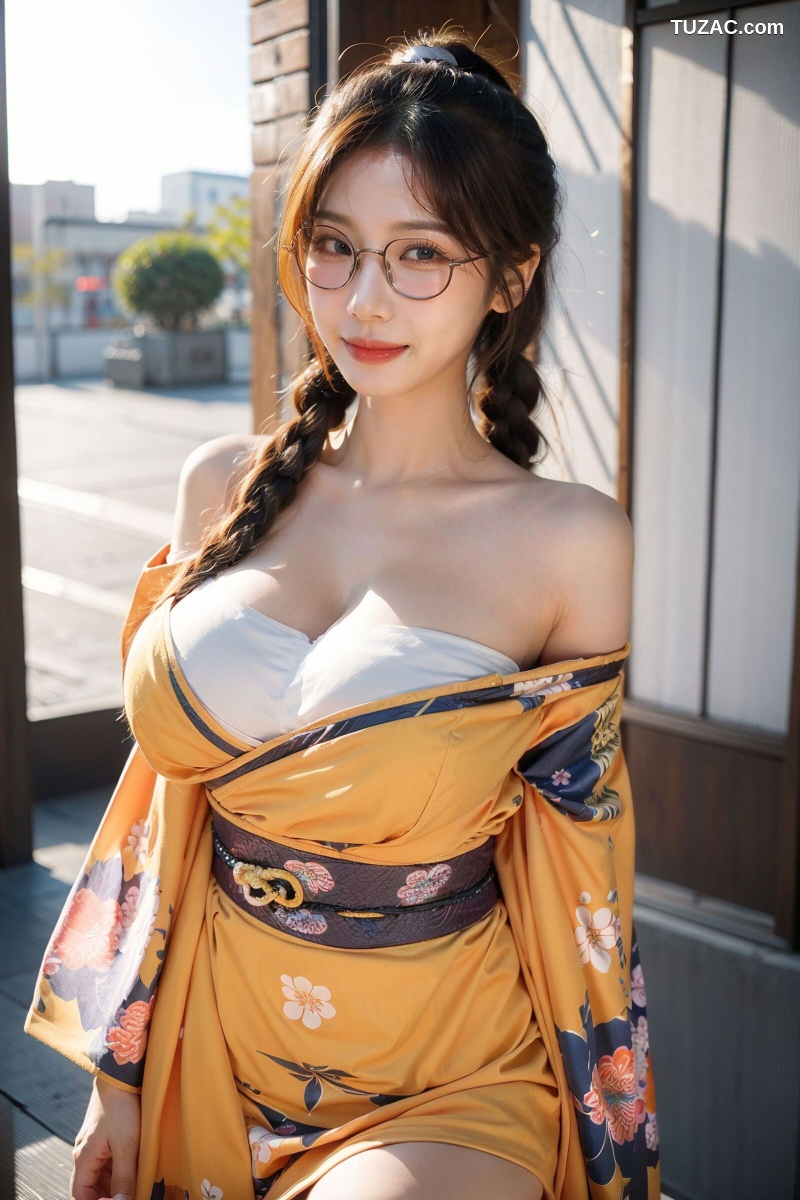 AI美女-拟实-橘黄忍者服街拍