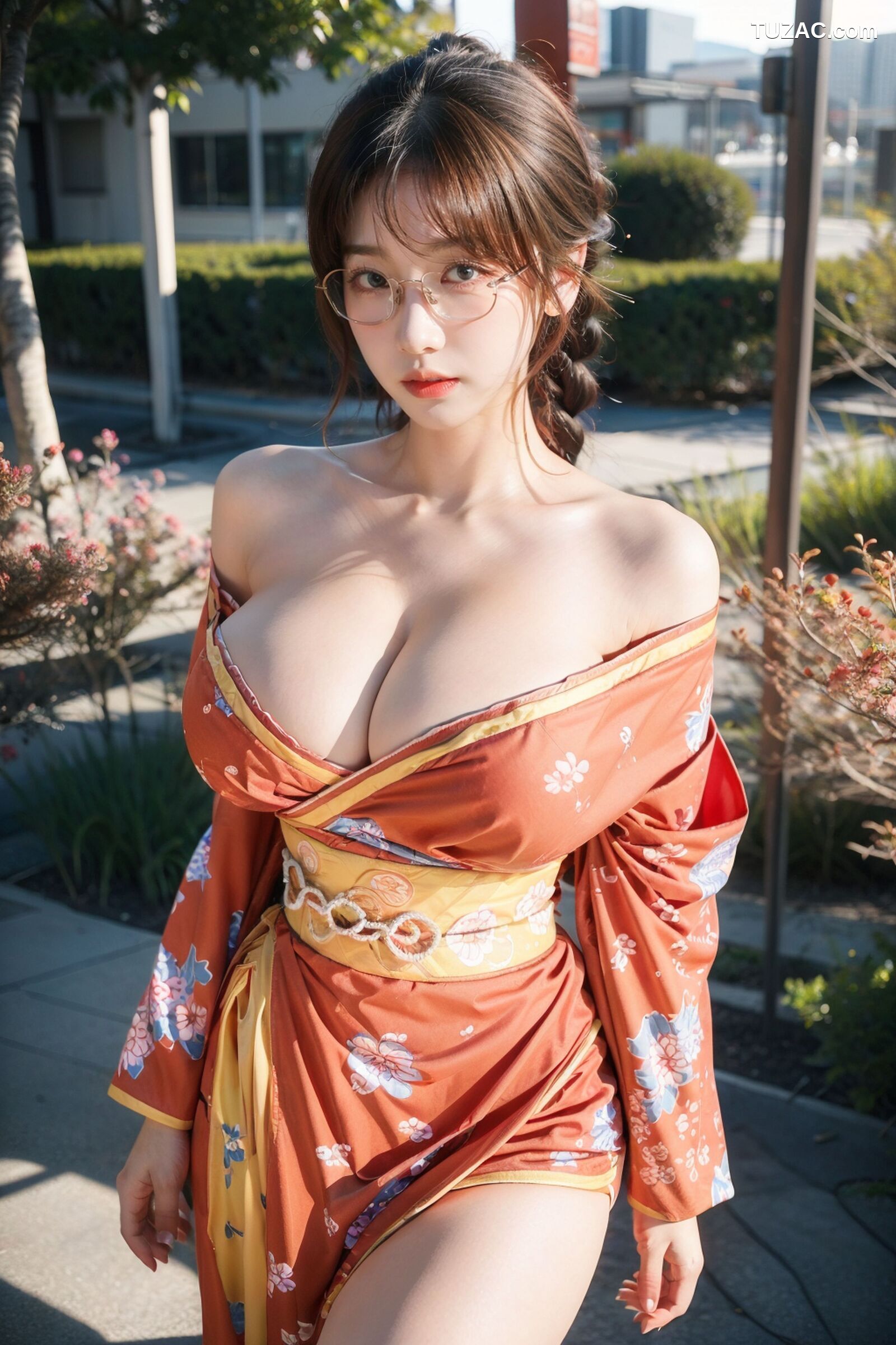 AI美女-拟实-橘黄忍者服街拍