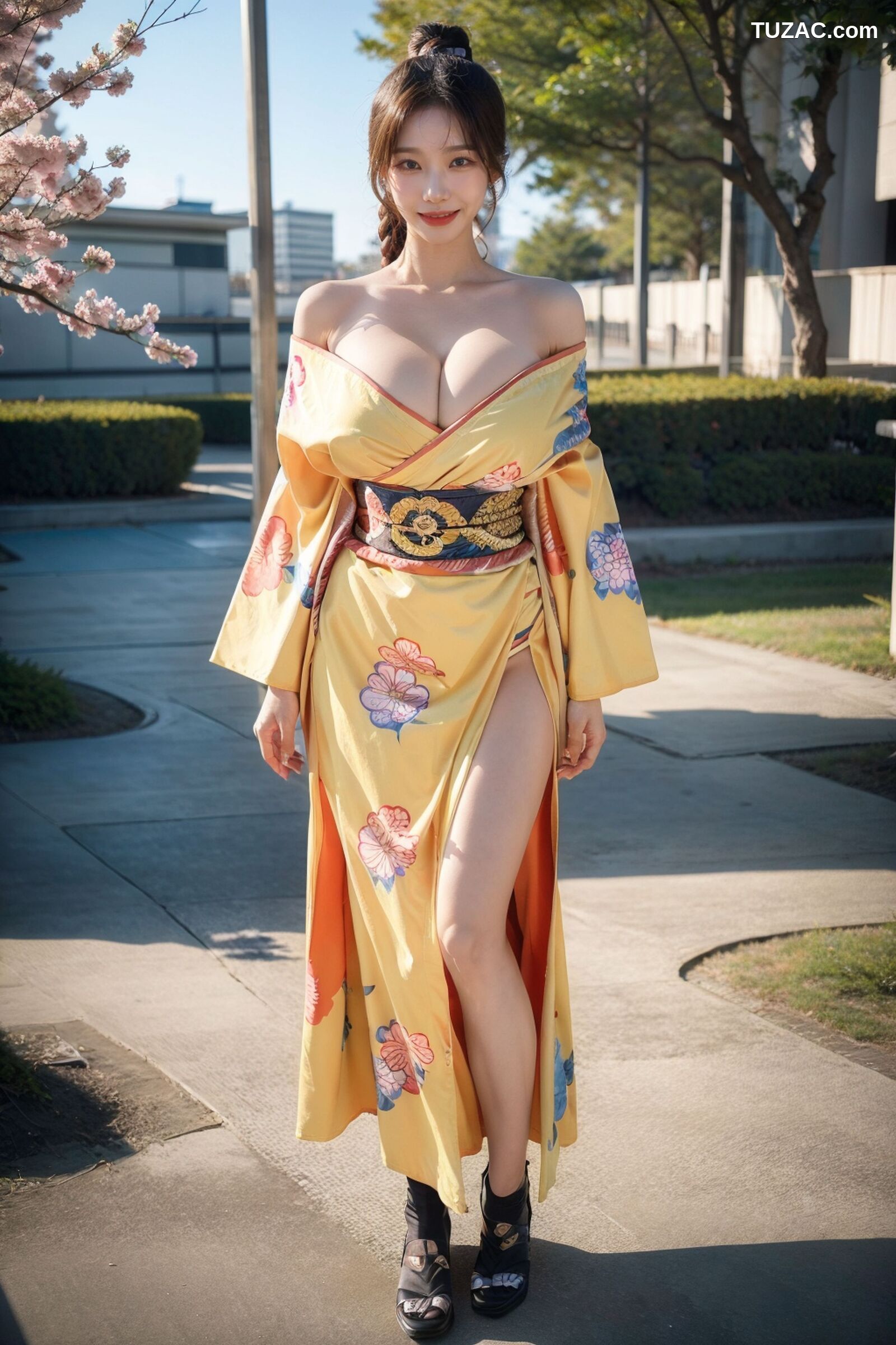 AI美女-拟实-橘黄忍者服街拍