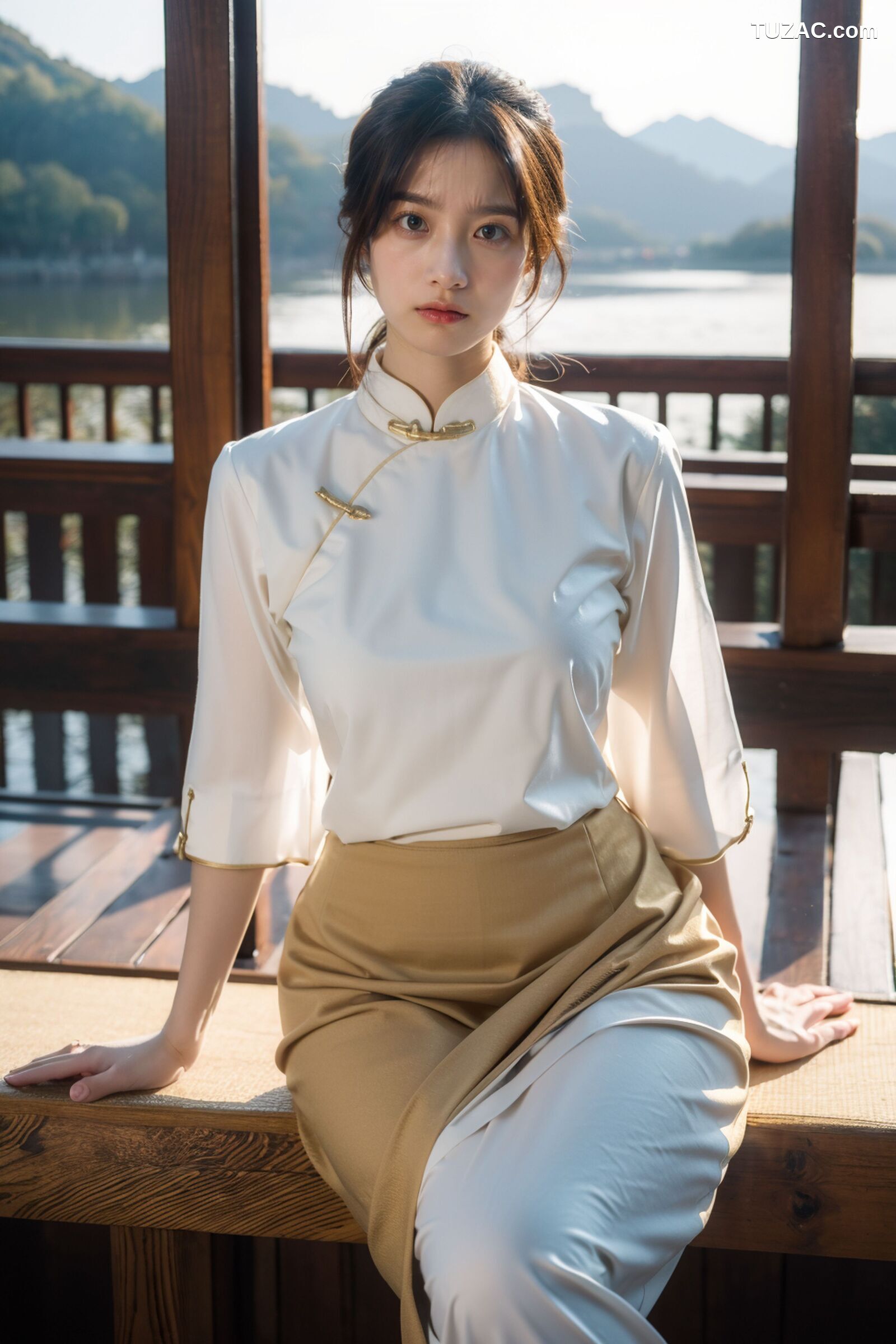 AI美女-拟实-民国风白衫长裙户外河边