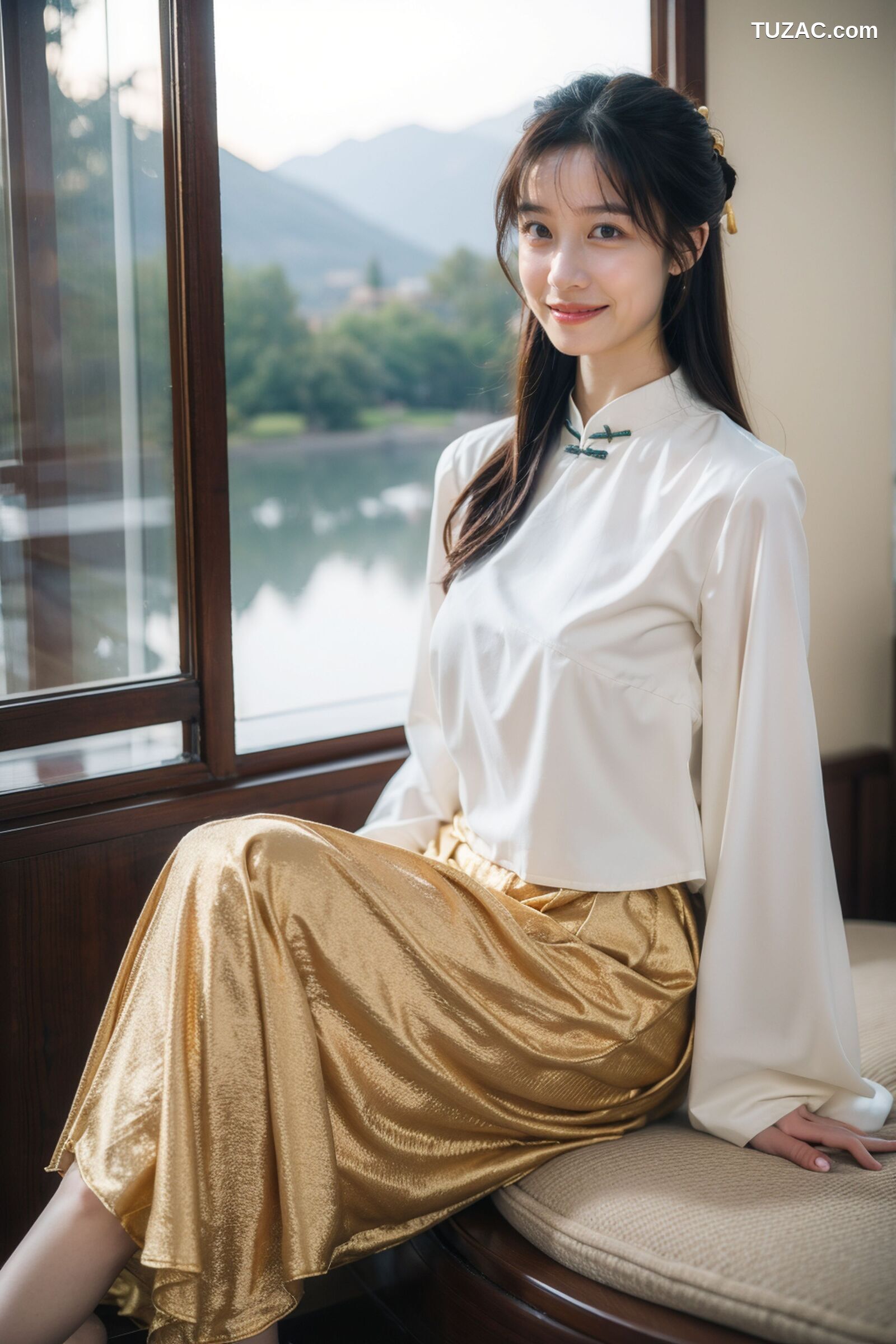 AI美女-拟实-民国风白衫长裙户外河边