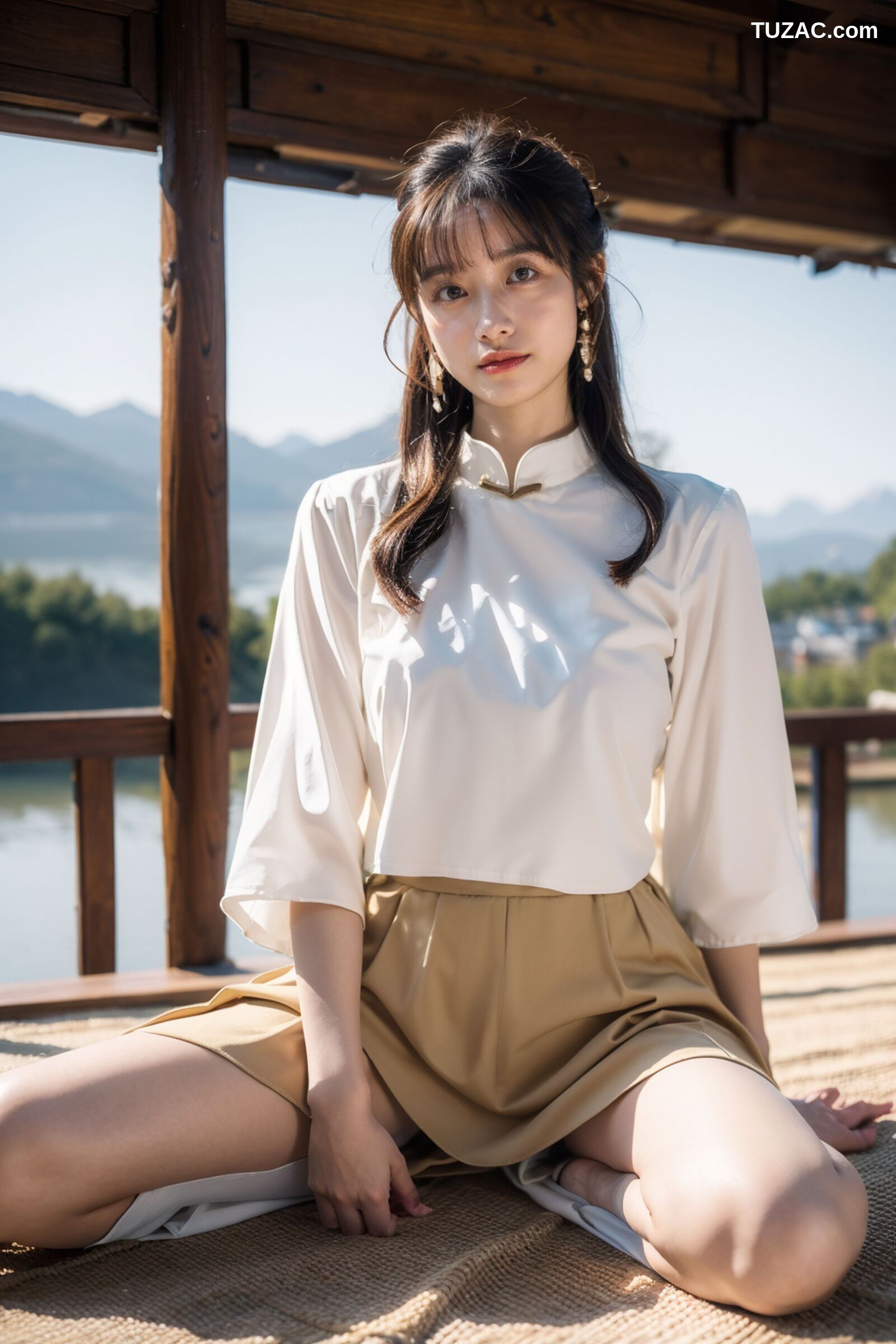 AI美女-拟实-民国风白衫长裙户外河边